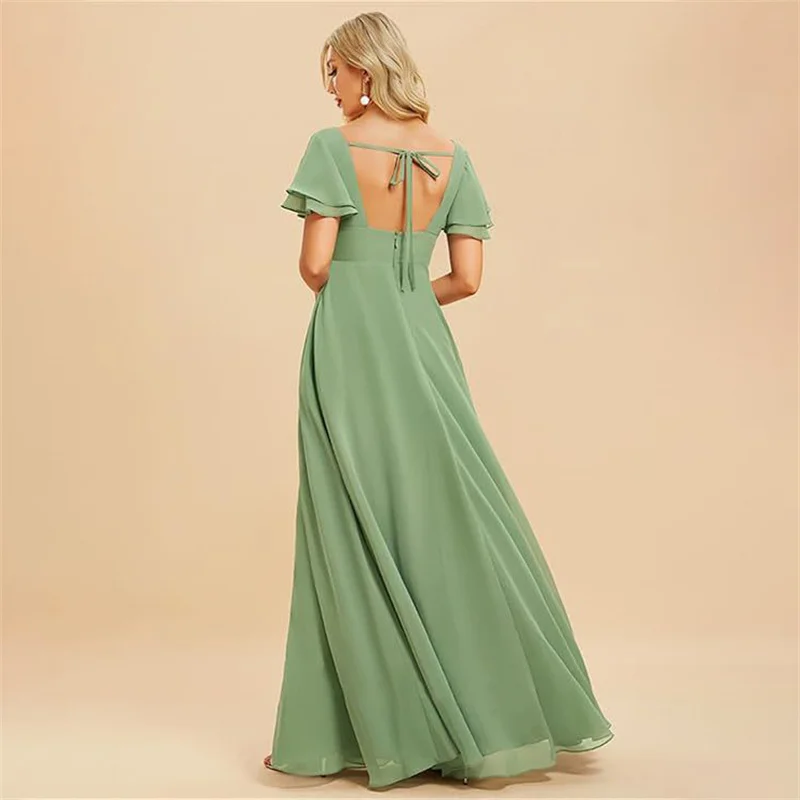 Customise Slit Chiffon V Neck Short Sleeve Pleat Off Shoulder Evening Bridesmaid Dresses Wedding Party Formal Prom Zipper Back