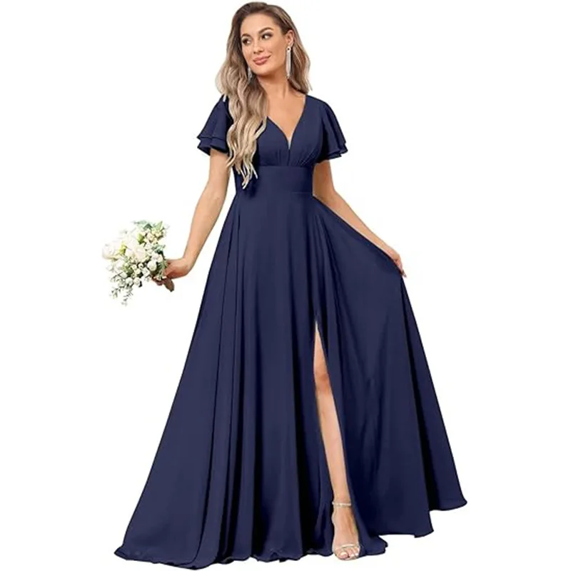 Customise Slit Chiffon V Neck Short Sleeve Pleat Off Shoulder Evening Bridesmaid Dresses Wedding Party Formal Prom Zipper Back