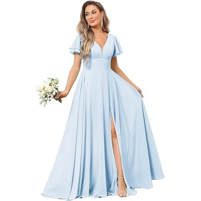 Customise Slit Chiffon V Neck Short Sleeve Pleat Off Shoulder Evening Bridesmaid Dresses Wedding Party Formal Prom Zipper Back