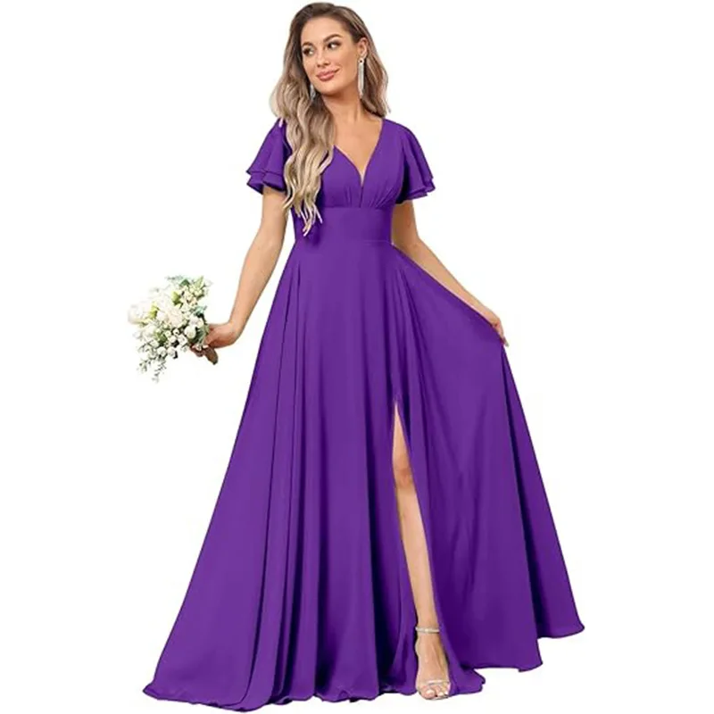 Customise Slit Chiffon V Neck Short Sleeve Pleat Off Shoulder Evening Bridesmaid Dresses Wedding Party Formal Prom Zipper Back