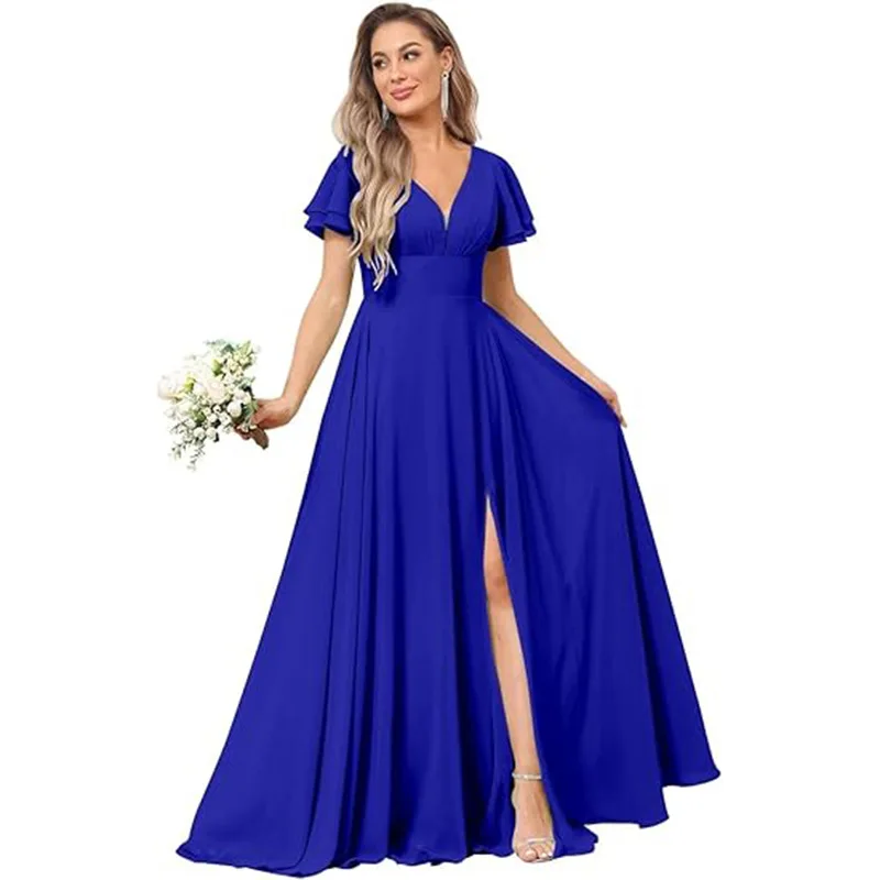 Customise Slit Chiffon V Neck Short Sleeve Pleat Off Shoulder Evening Bridesmaid Dresses Wedding Party Formal Prom Zipper Back