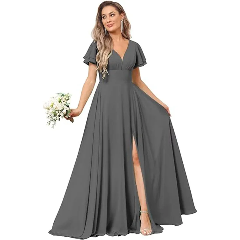 Customise Slit Chiffon V Neck Short Sleeve Pleat Off Shoulder Evening Bridesmaid Dresses Wedding Party Formal Prom Zipper Back