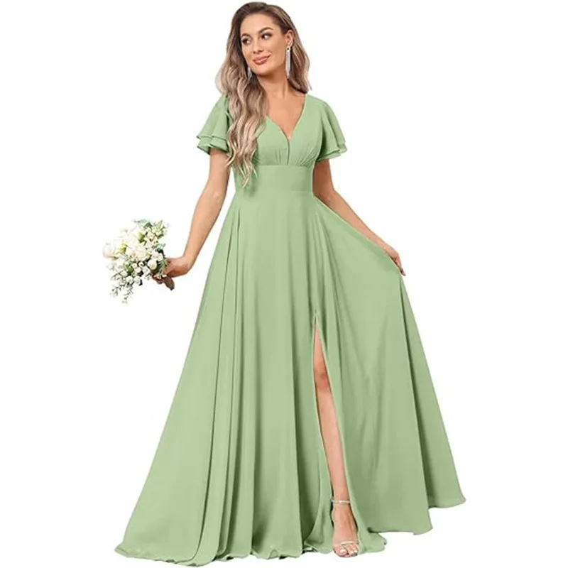 Customise Slit Chiffon V Neck Short Sleeve Pleat Off Shoulder Evening Bridesmaid Dresses Wedding Party Formal Prom Zipper Back