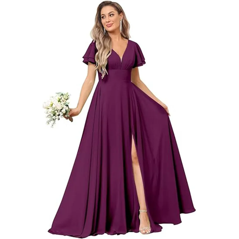 Customise Slit Chiffon V Neck Short Sleeve Pleat Off Shoulder Evening Bridesmaid Dresses Wedding Party Formal Prom Zipper Back