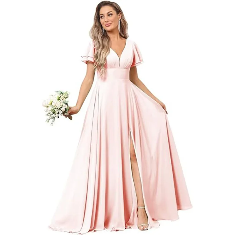 Customise Slit Chiffon V Neck Short Sleeve Pleat Off Shoulder Evening Bridesmaid Dresses Wedding Party Formal Prom Zipper Back