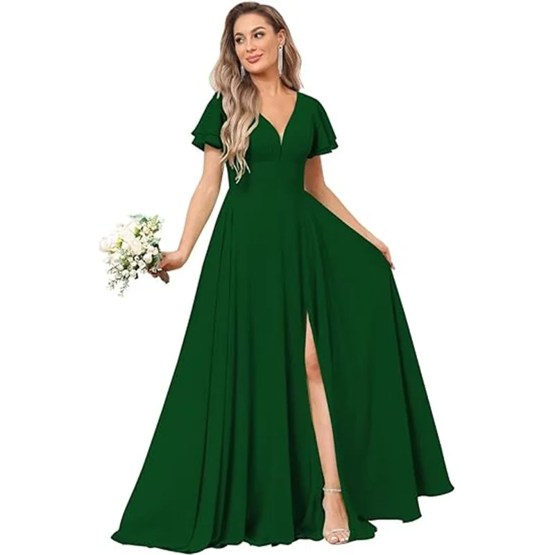 Customise Slit Chiffon V Neck Short Sleeve Pleat Off Shoulder Evening Bridesmaid Dresses Wedding Party Formal Prom Zipper Back