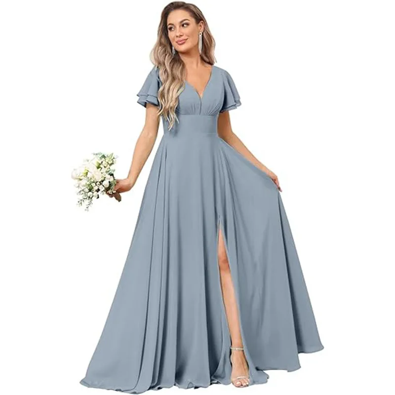 Customise Slit Chiffon V Neck Short Sleeve Pleat Off Shoulder Evening Bridesmaid Dresses Wedding Party Formal Prom Zipper Back