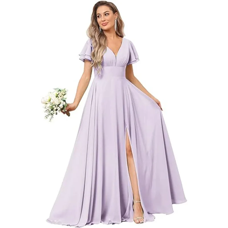 Customise Slit Chiffon V Neck Short Sleeve Pleat Off Shoulder Evening Bridesmaid Dresses Wedding Party Formal Prom Zipper Back