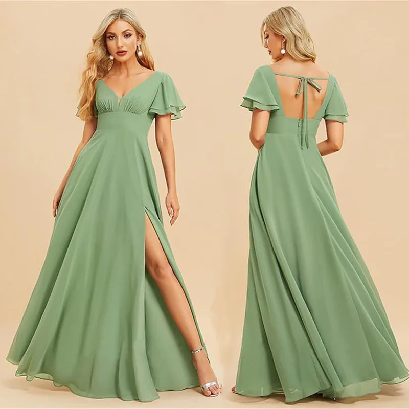 Customise Slit Chiffon V Neck Short Sleeve Pleat Off Shoulder Evening Bridesmaid Dresses Wedding Party Formal Prom Zipper Back