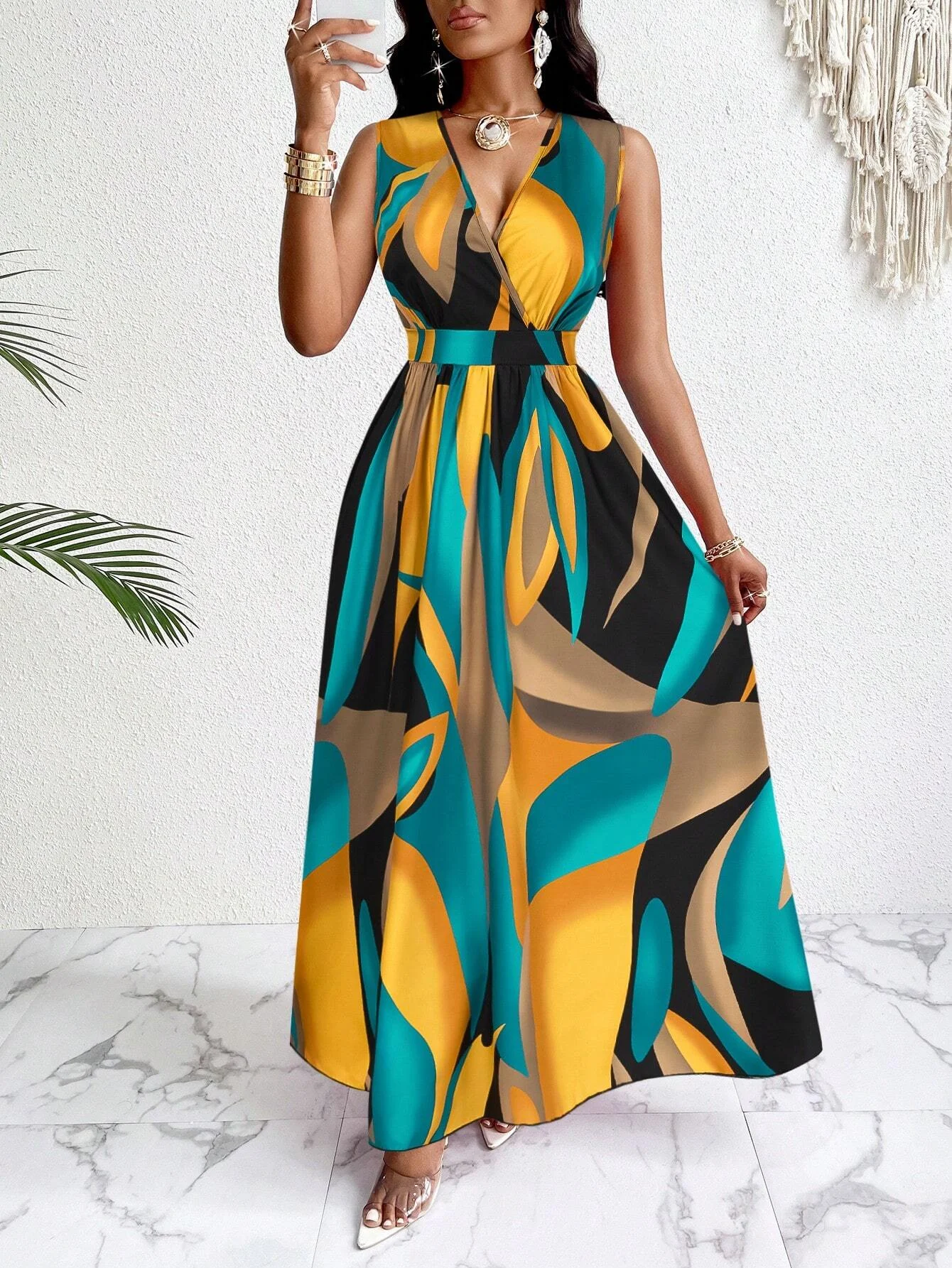 Tropical Print V-Neck Waist Section Cable Knit Fit And Flare Dress Maxi Women Outfit
