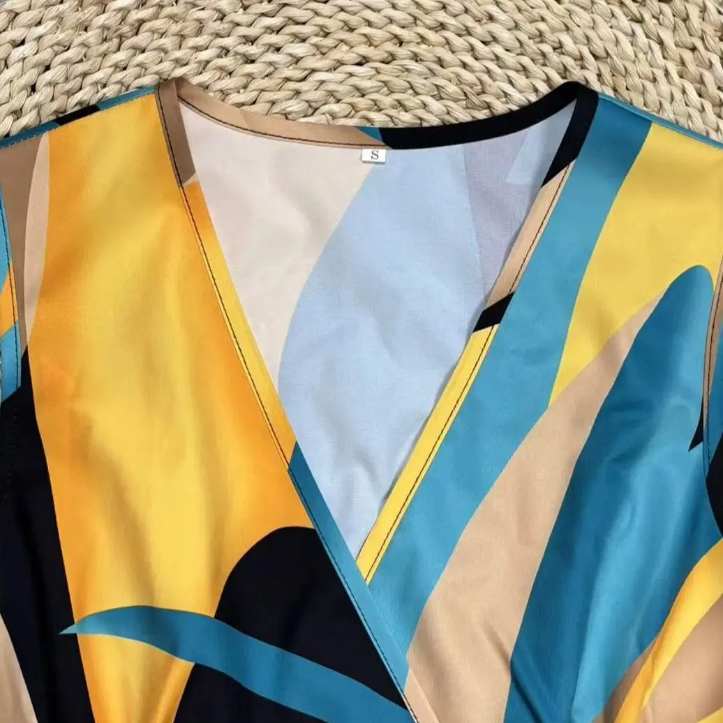 Tropical Print V-Neck Waist Section Cable Knit Fit And Flare Dress Maxi Women Outfit