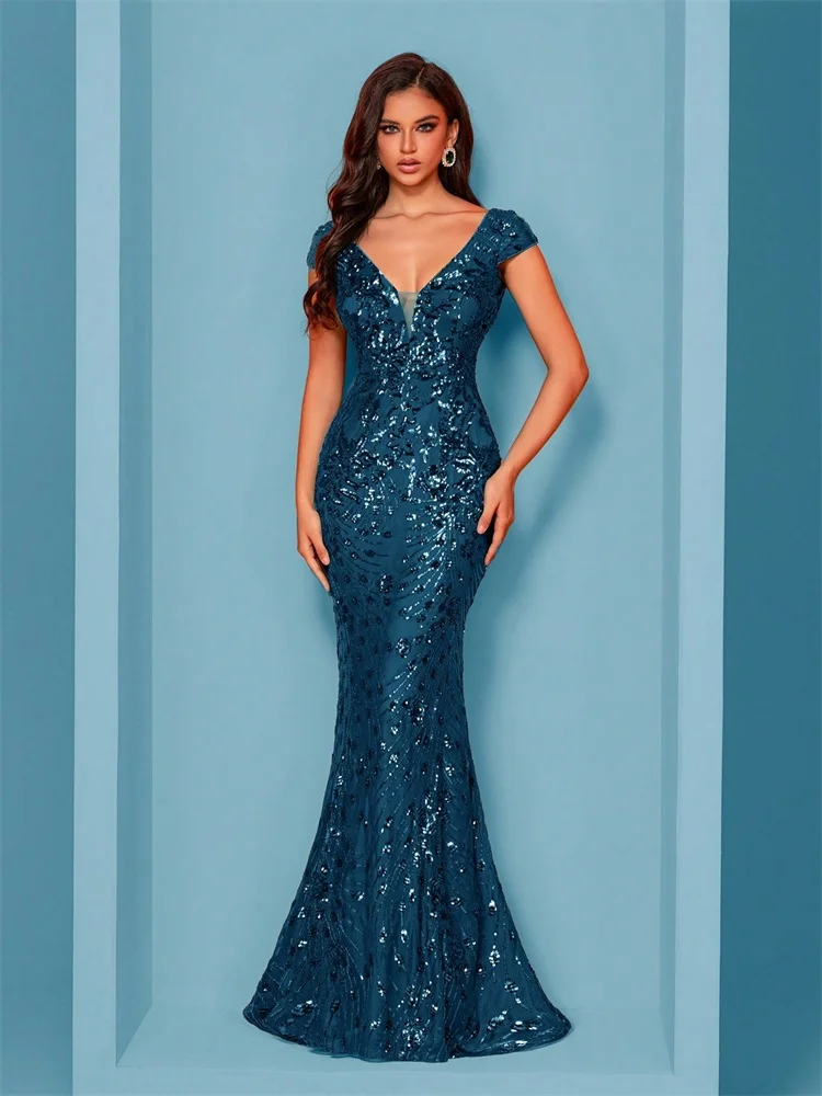 Elegant Blue Evening Dress For Women Long 2025 Luxury Mermaid Formal Sequins Prom Wedding Party Cocktail Dresses
