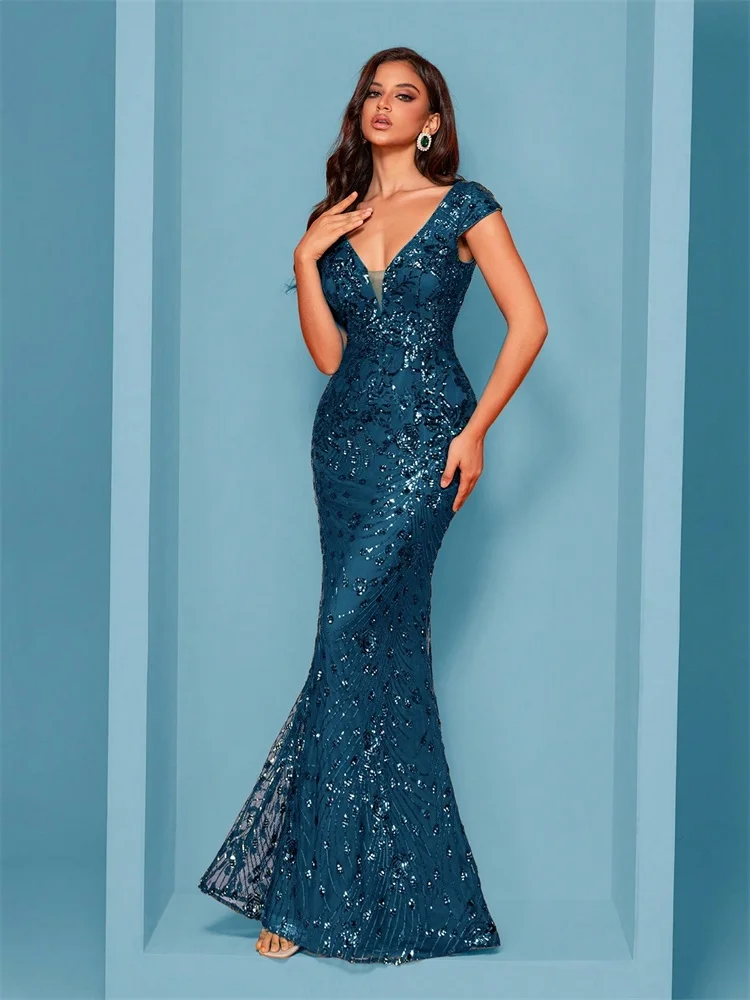Elegant Blue Evening Dress For Women Long 2025 Luxury Mermaid Formal Sequins Prom Wedding Party Cocktail Dresses