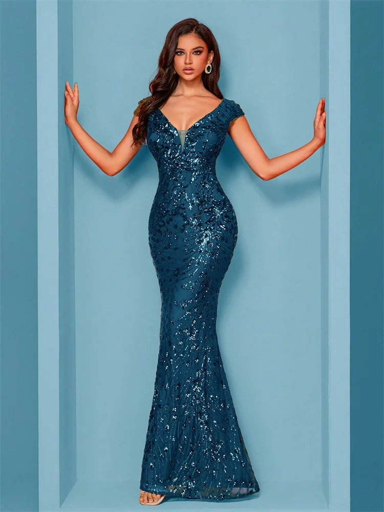 Elegant Blue Evening Dress For Women Long 2025 Luxury Mermaid Formal Sequins Prom Wedding Party Cocktail Dresses