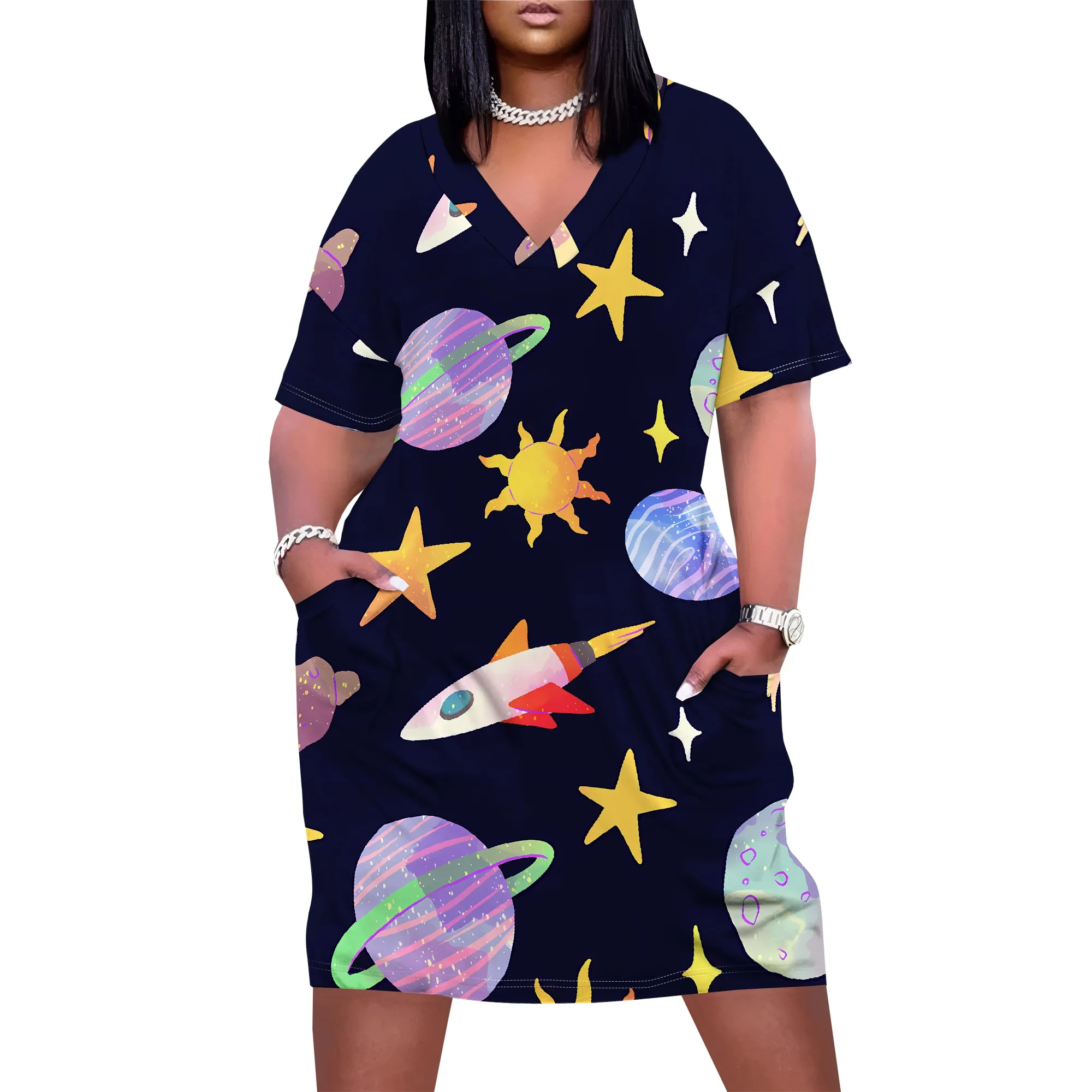 Plus Size Space Rocket Planet Print Dress for Women Summer Back to School Science Day Cosplay Outfit with Pockets Plus Size Space Rocket Planet Print Dress for Women Summer Back to School Science Day Cosplay Outfit with Pockets