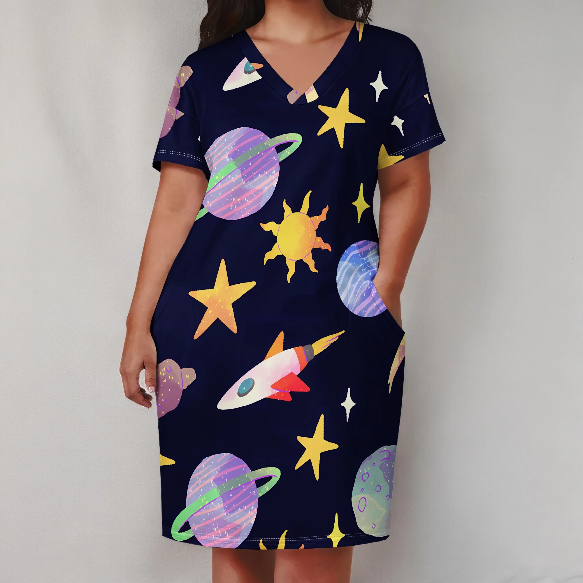 Plus Size Space Rocket Planet Print Dress for Women Summer Back to School Science Day Cosplay Outfit with Pockets Plus Size Space Rocket Planet Print Dress for Women Summer Back to School Science Day Cosplay Outfit with Pockets