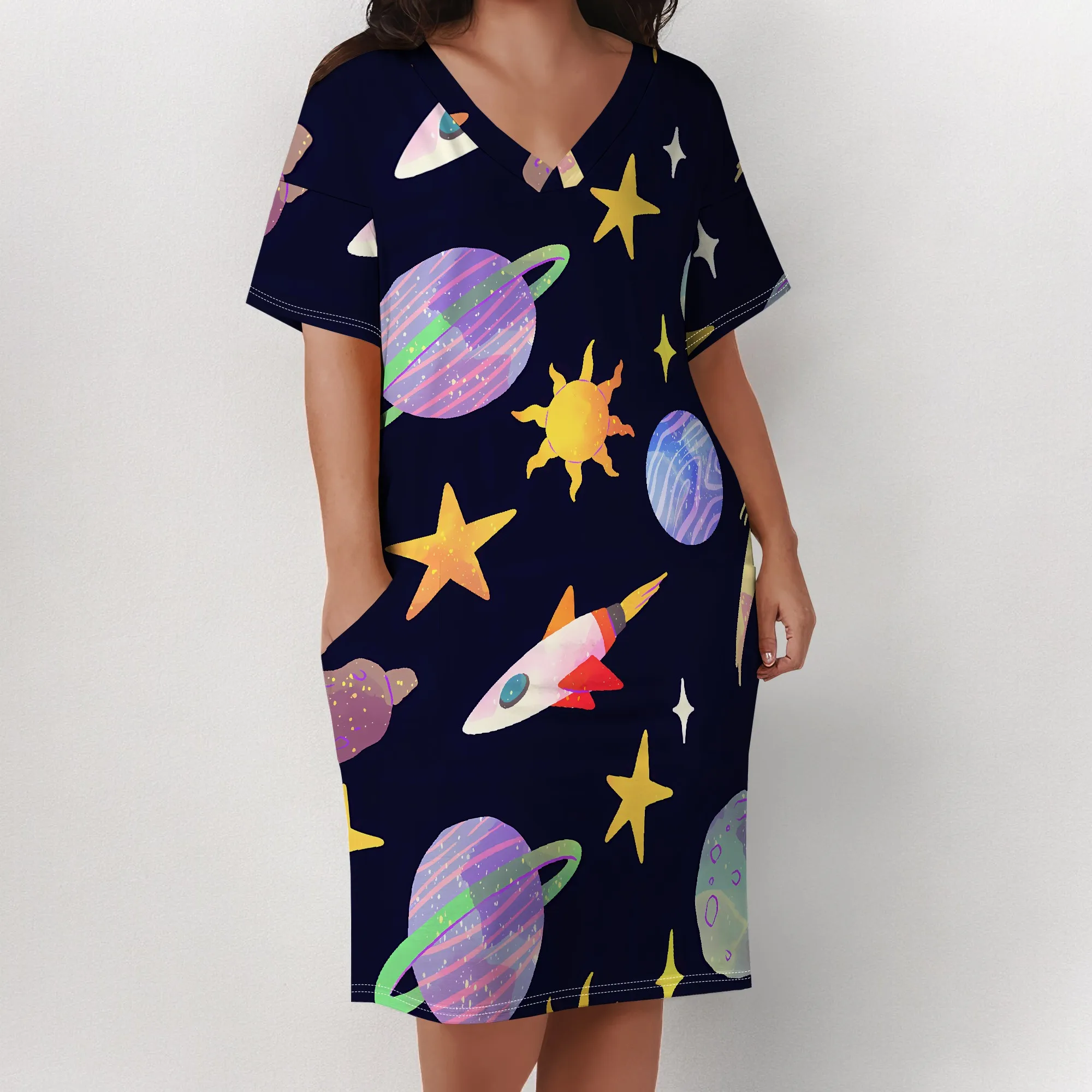 Plus Size Space Rocket Planet Print Dress for Women Summer Back to School Science Day Cosplay Outfit with Pockets Plus Size Space Rocket Planet Print Dress for Women Summer Back to School Science Day Cosplay Outfit with Pockets