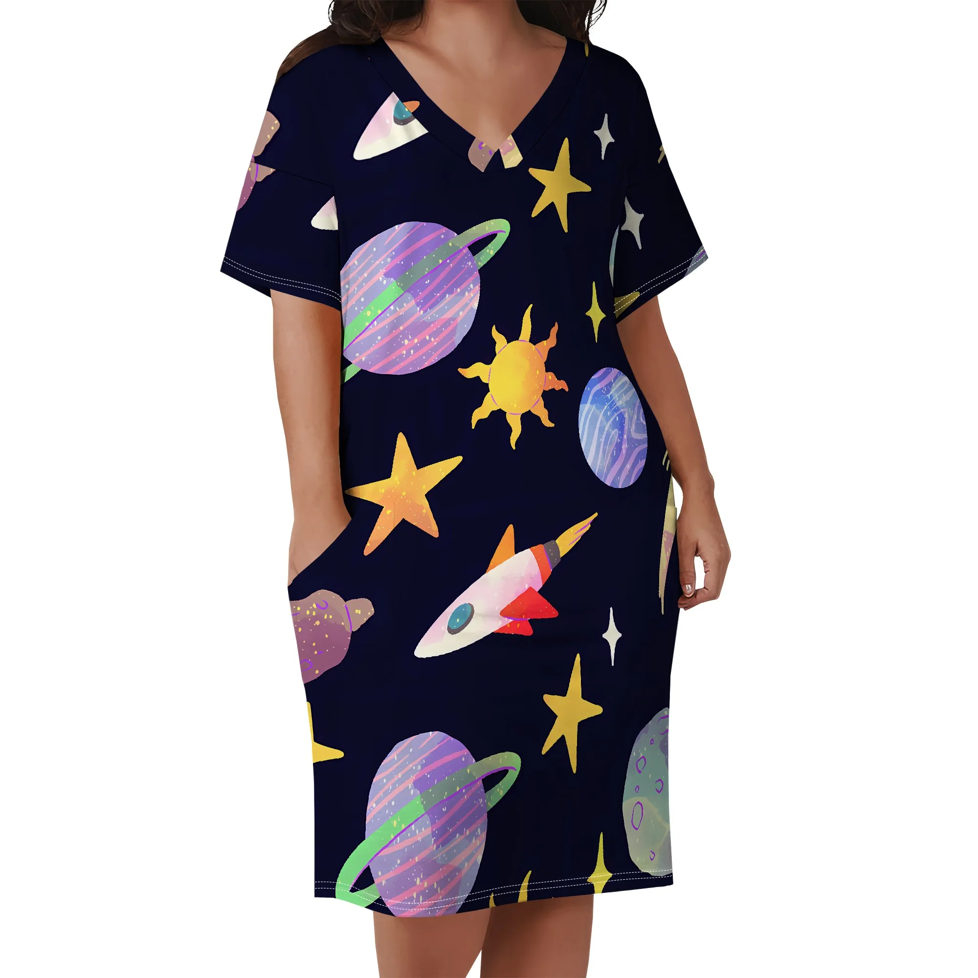 Plus Size Space Rocket Planet Print Dress for Women Summer Back to School Science Day Cosplay Outfit with Pockets Plus Size Space Rocket Planet Print Dress for Women Summer Back to School Science Day Cosplay Outfit with Pockets