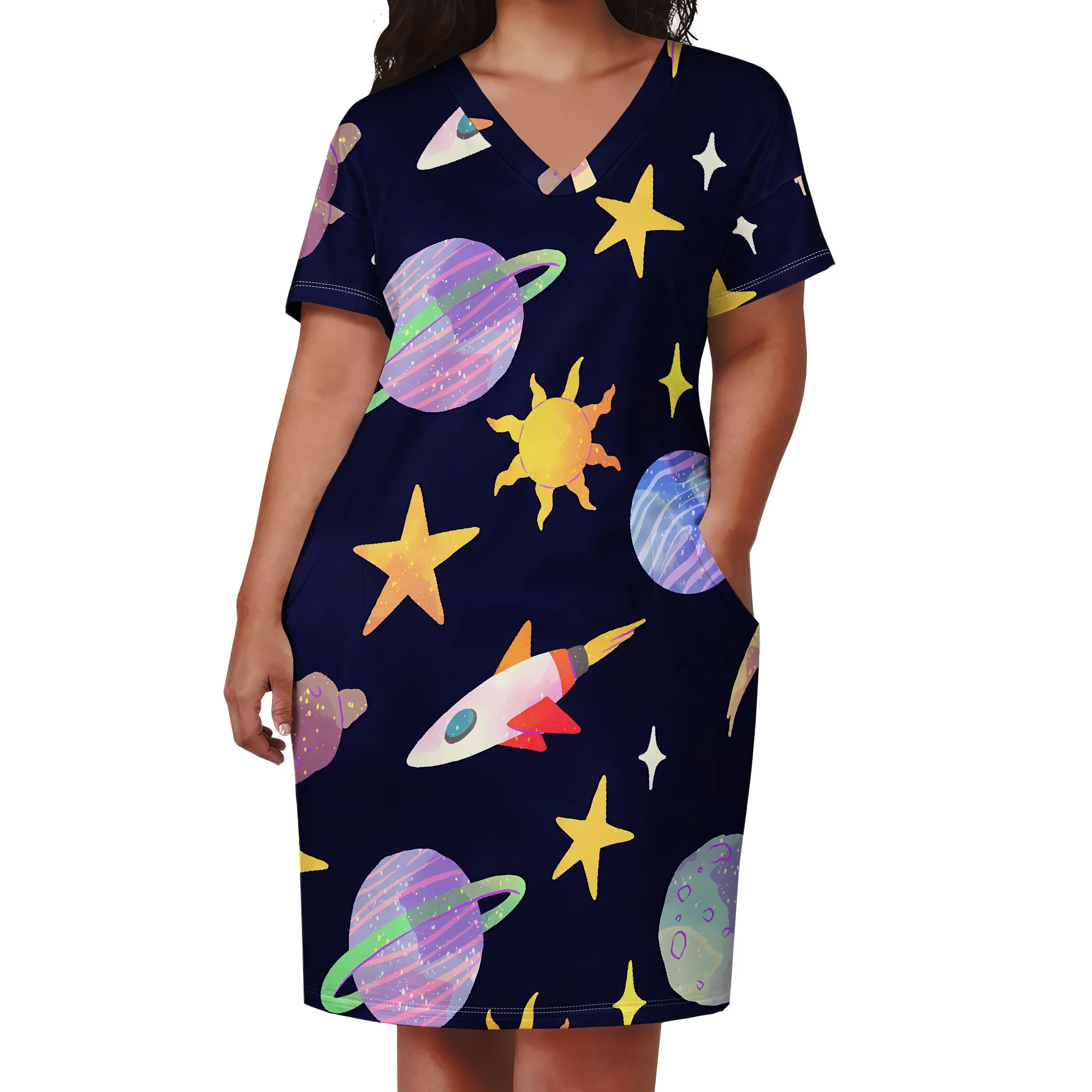 Plus Size Space Rocket Planet Print Dress for Women Summer Back to School Science Day Cosplay Outfit with Pockets Plus Size Space Rocket Planet Print Dress for Women Summer Back to School Science Day Cosplay Outfit with Pockets
