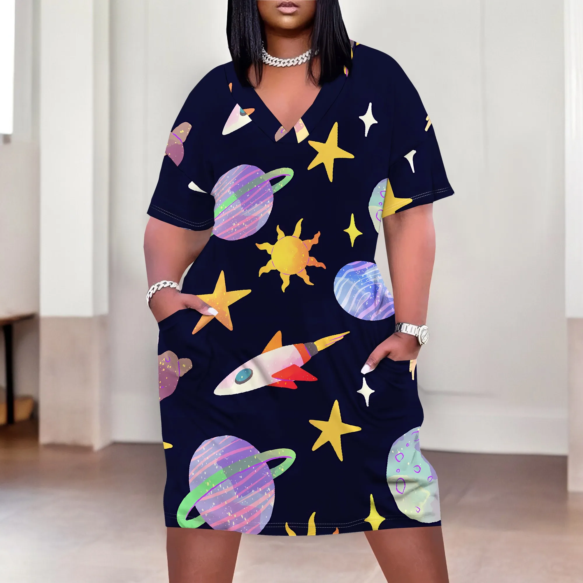Plus Size Space Rocket Planet Print Dress for Women Summer Back to School Science Day Cosplay Outfit with Pockets Plus Size Space Rocket Planet Print Dress for Women Summer Back to School Science Day Cosplay Outfit with Pockets