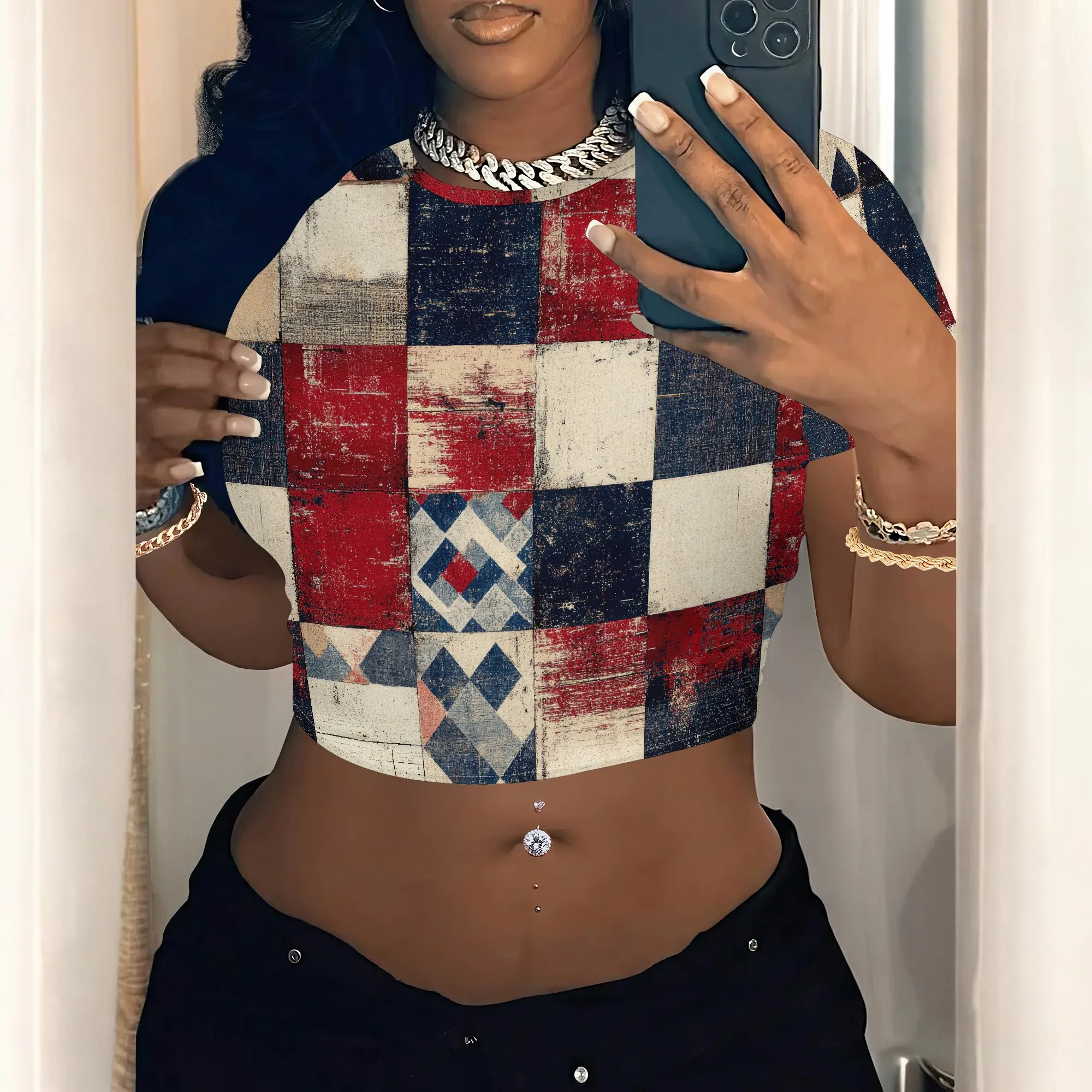 Women's Y2k Tight Mini T-shirts Collage Round Neck Short Sleeve Printed Pullover 2025 Summer Sexy Hot Girl Party T-shirts