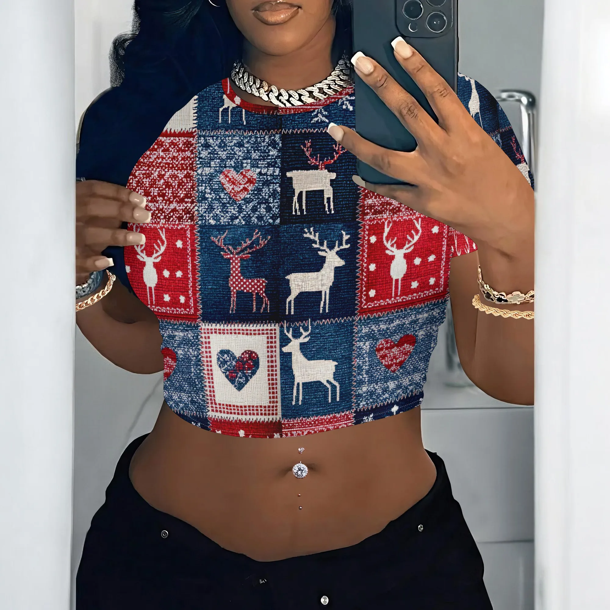 Women's Y2k Tight Mini T-shirts Collage Round Neck Short Sleeve Printed Pullover 2025 Summer Sexy Hot Girl Party T-shirts