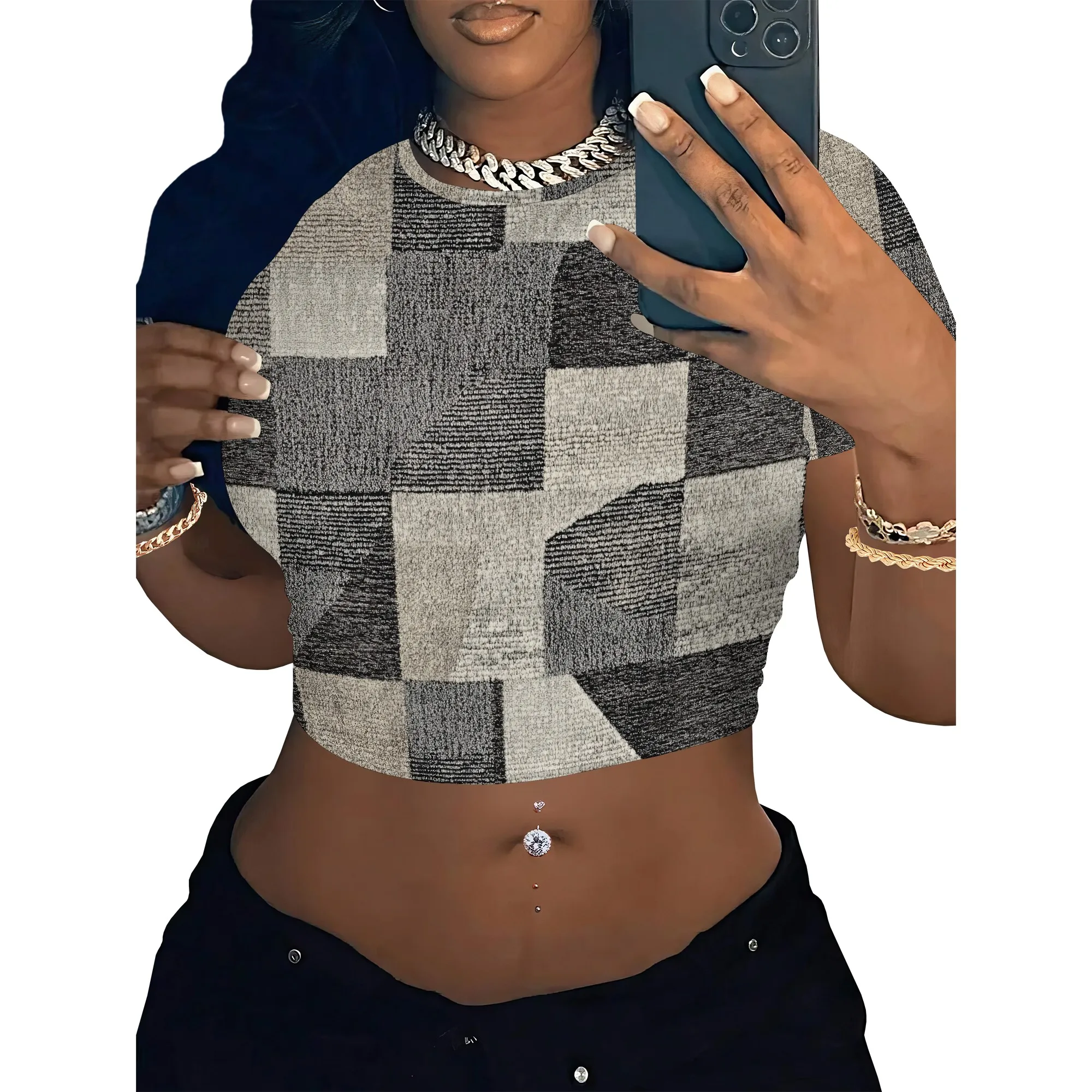 Women's Y2k Tight Mini T-shirts Collage Round Neck Short Sleeve Printed Pullover 2025 Summer Sexy Hot Girl Party T-shirts