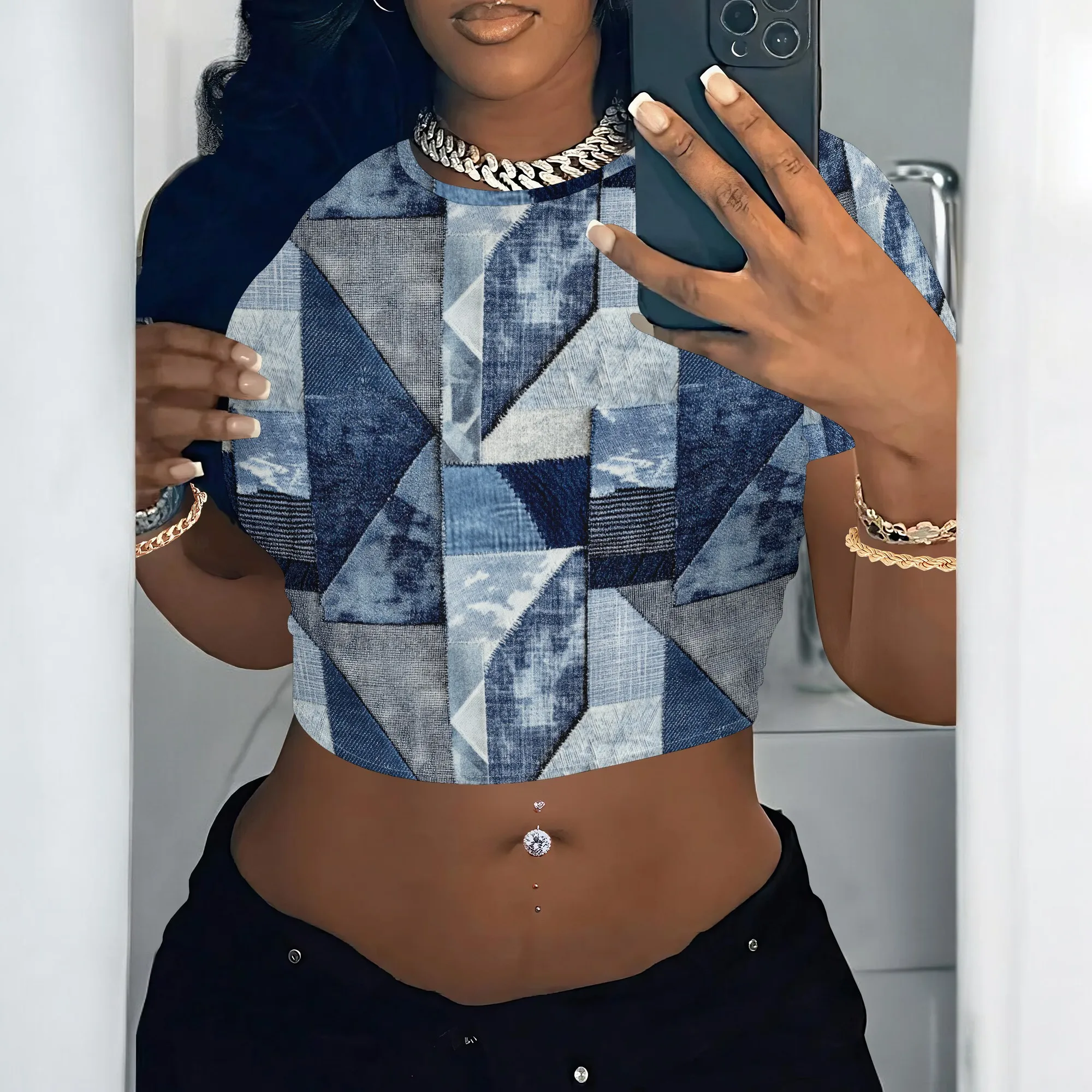 Women's Y2k Tight Mini T-shirts Collage Round Neck Short Sleeve Printed Pullover 2025 Summer Sexy Hot Girl Party T-shirts