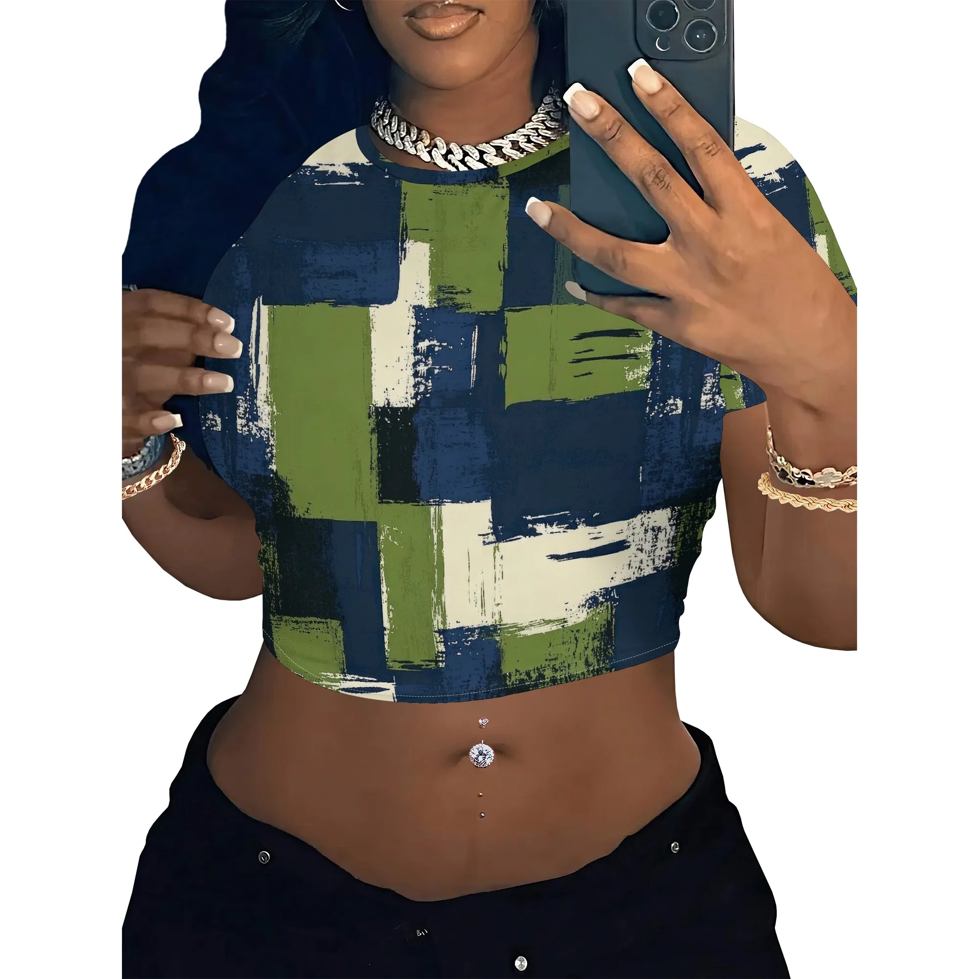 Women's Y2k Tight Mini T-shirts Collage Round Neck Short Sleeve Printed Pullover 2025 Summer Sexy Hot Girl Party T-shirts