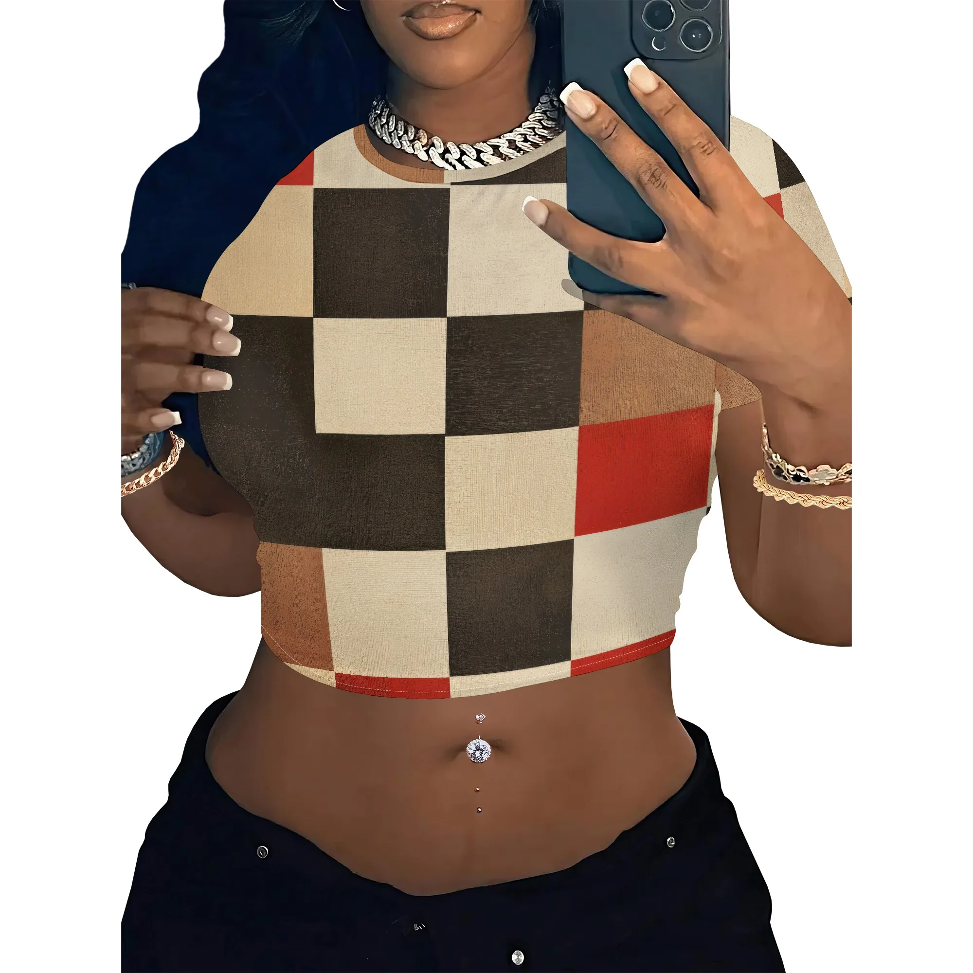 Women's Y2k Tight Mini T-shirts Collage Round Neck Short Sleeve Printed Pullover 2025 Summer Sexy Hot Girl Party T-shirts