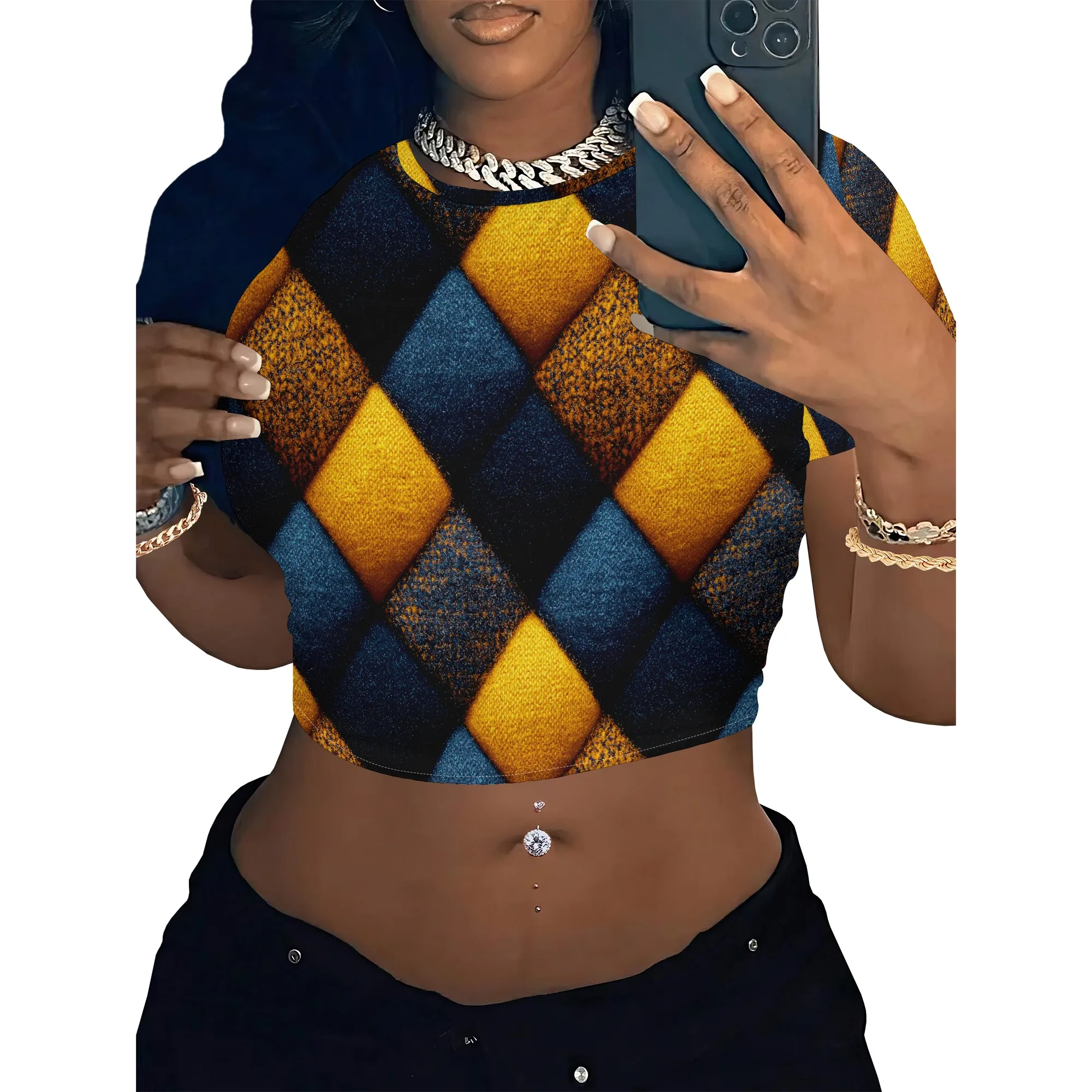 Women's Y2k Tight Mini T-shirts Collage Round Neck Short Sleeve Printed Pullover 2025 Summer Sexy Hot Girl Party T-shirts