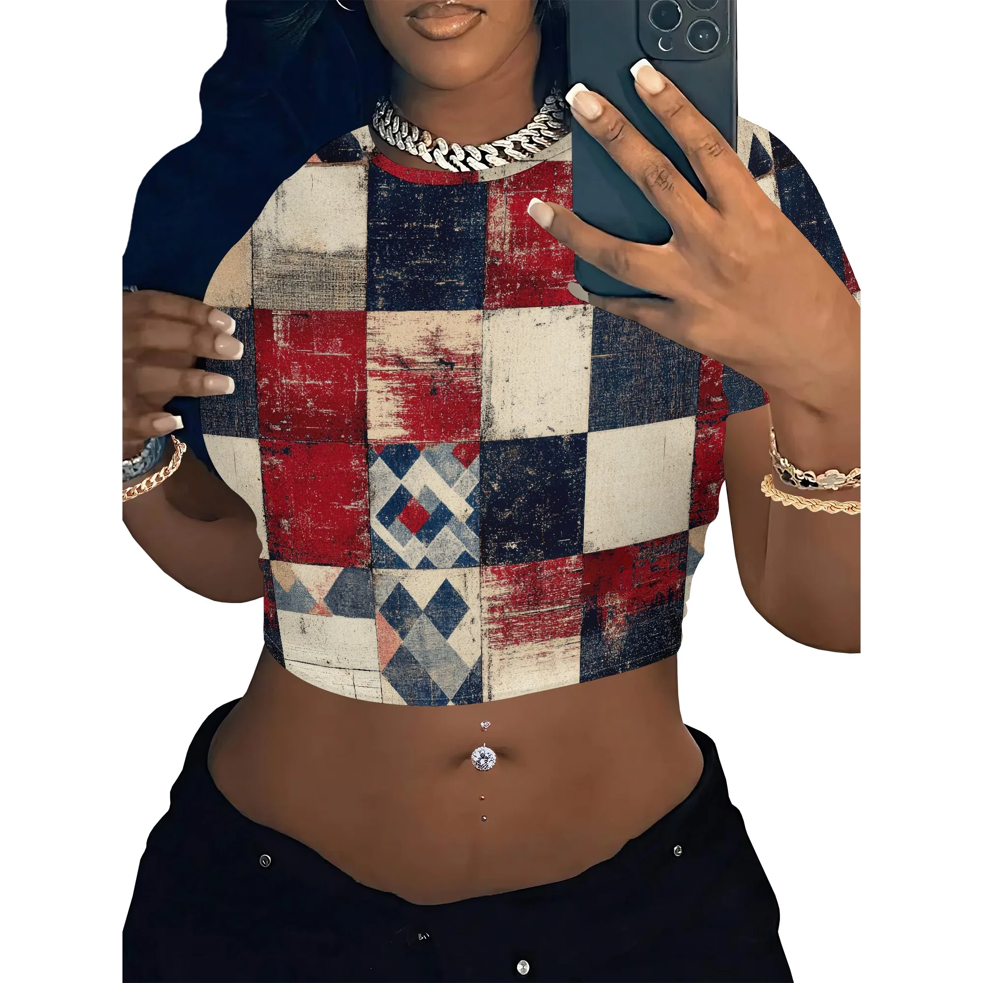 Women's Y2k Tight Mini T-shirts Collage Round Neck Short Sleeve Printed Pullover 2025 Summer Sexy Hot Girl Party T-shirts