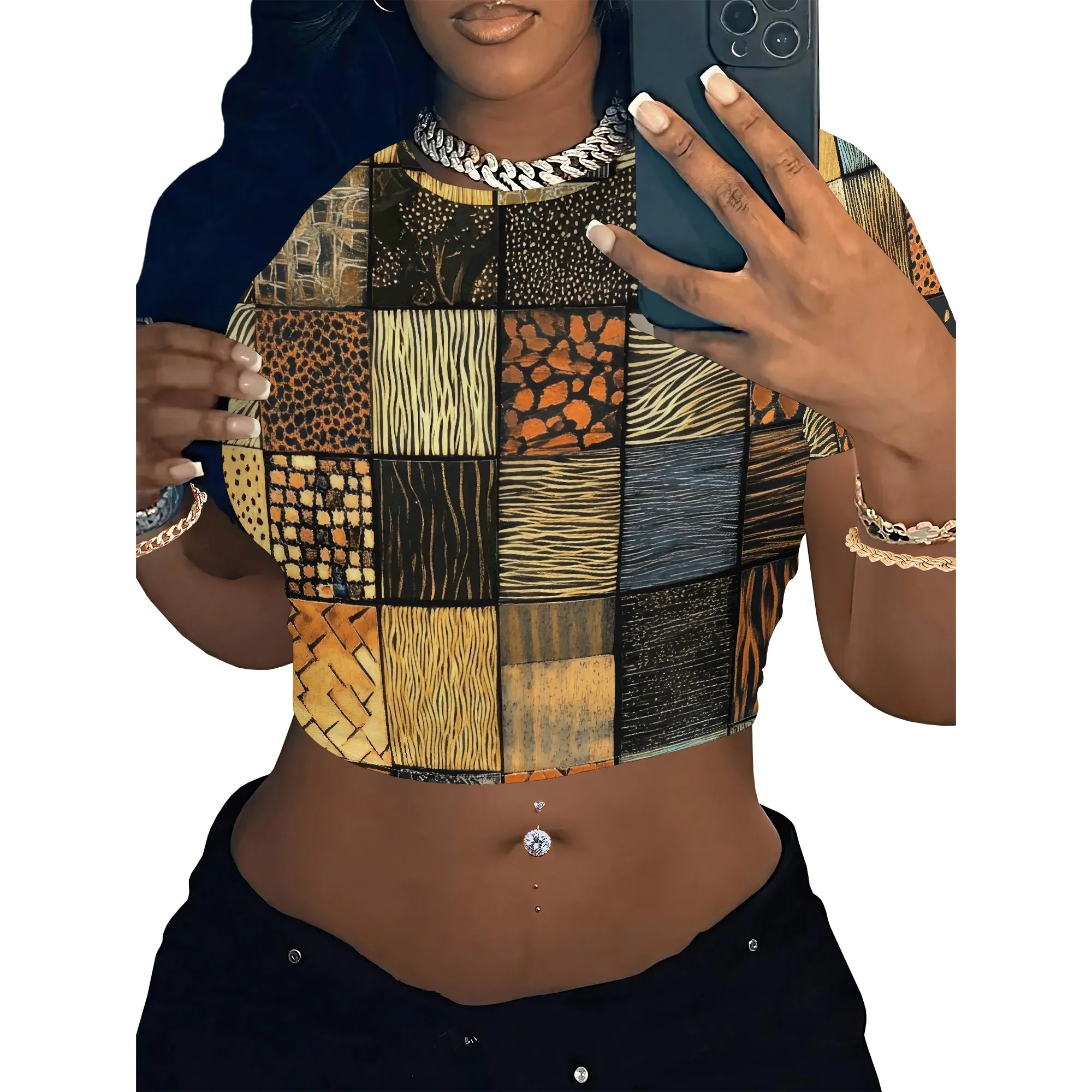 Women's Y2k Tight Mini T-shirts Collage Round Neck Short Sleeve Printed Pullover 2025 Summer Sexy Hot Girl Party T-shirts