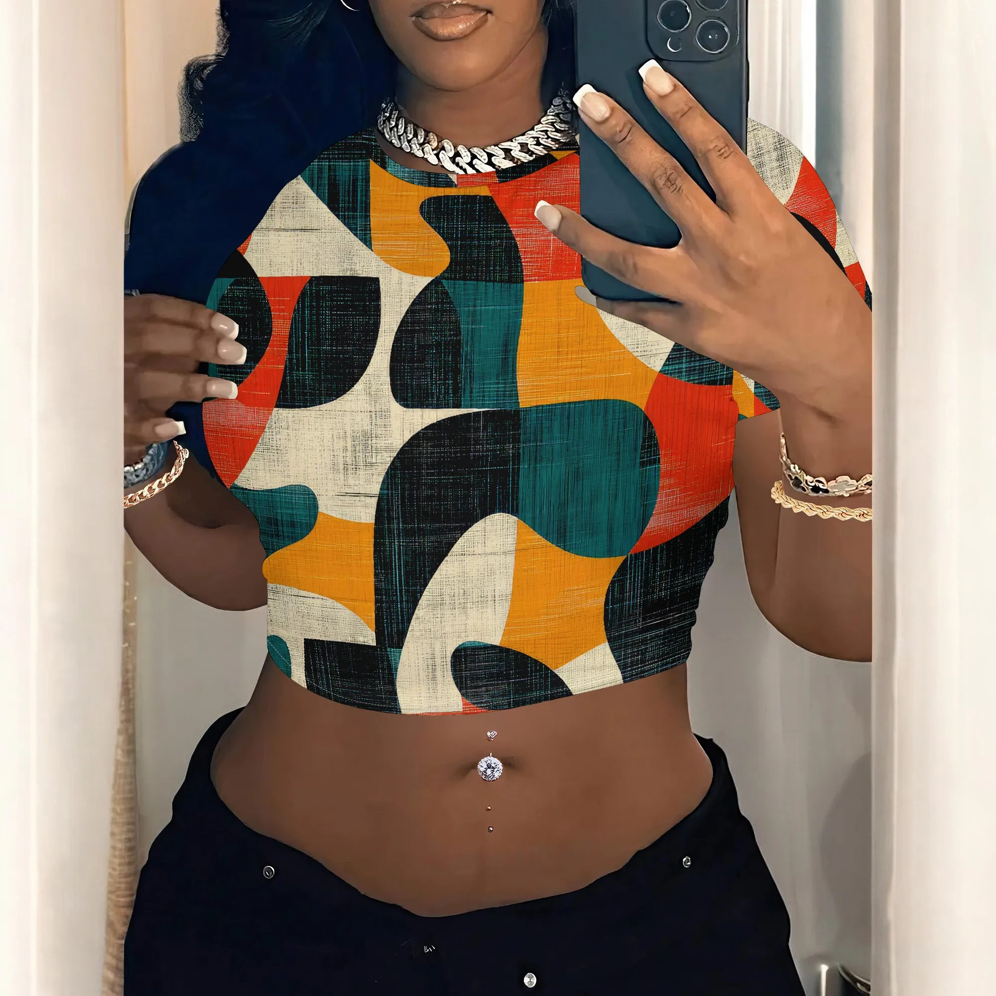 Women's Y2k Tight Mini T-shirts Collage Round Neck Short Sleeve Printed Pullover 2025 Summer Sexy Hot Girl Party T-shirts