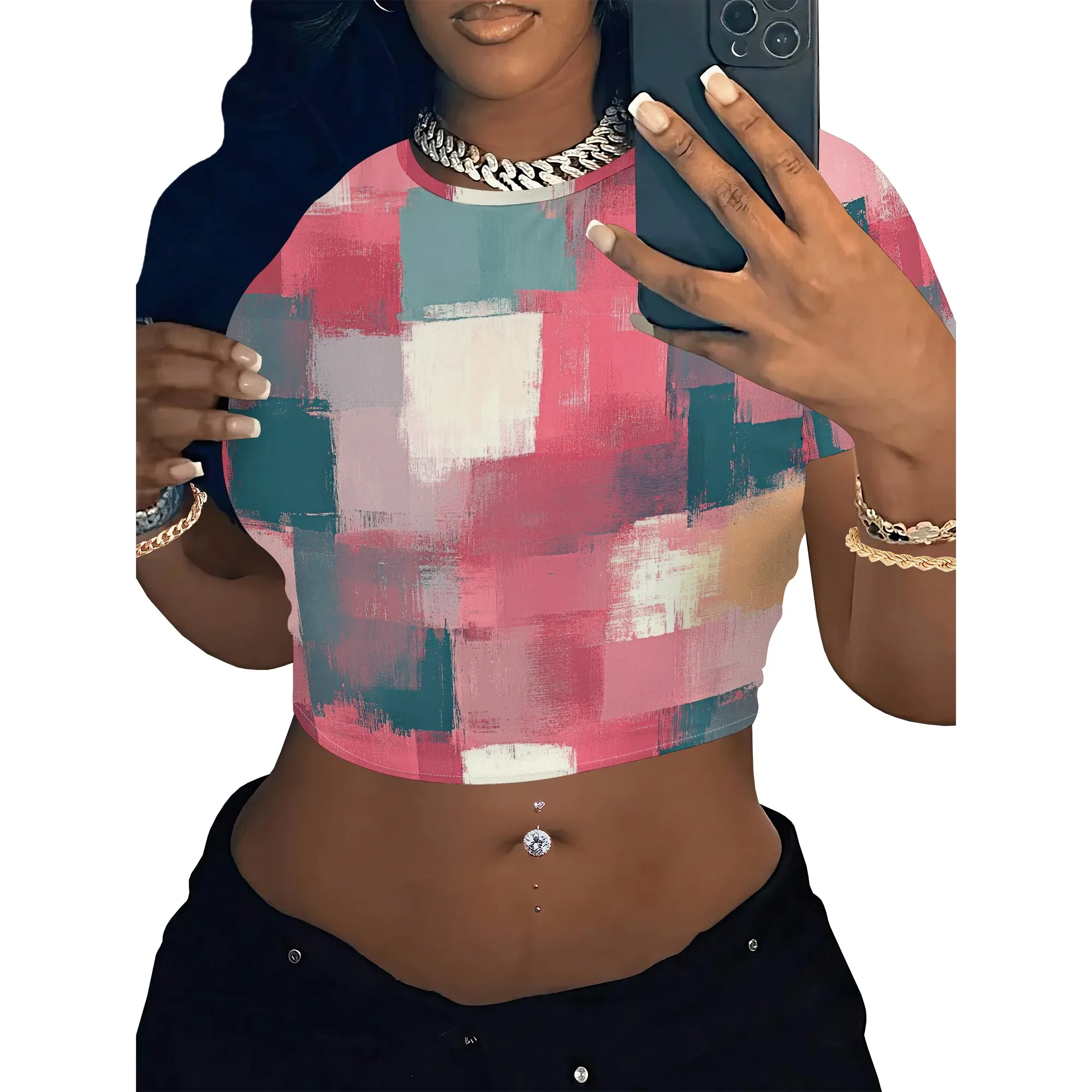 Women's Y2k Tight Mini T-shirts Collage Round Neck Short Sleeve Printed Pullover 2025 Summer Sexy Hot Girl Party T-shirts