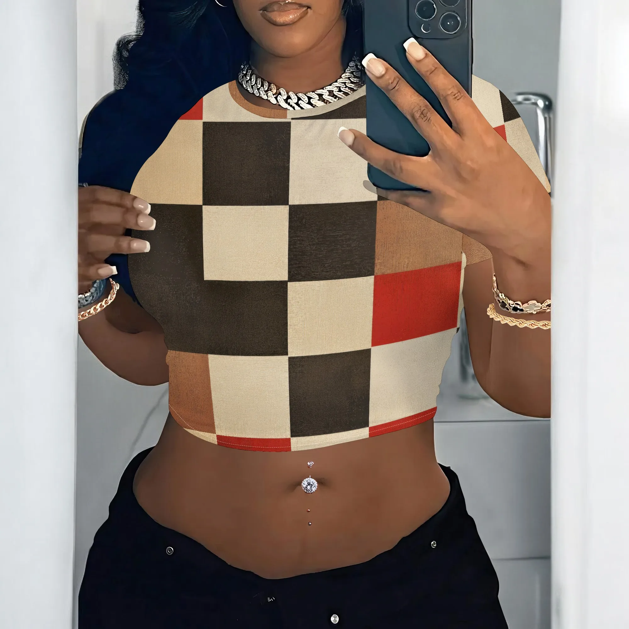 Women's Y2k Tight Mini T-shirts Collage Round Neck Short Sleeve Printed Pullover 2025 Summer Sexy Hot Girl Party T-shirts