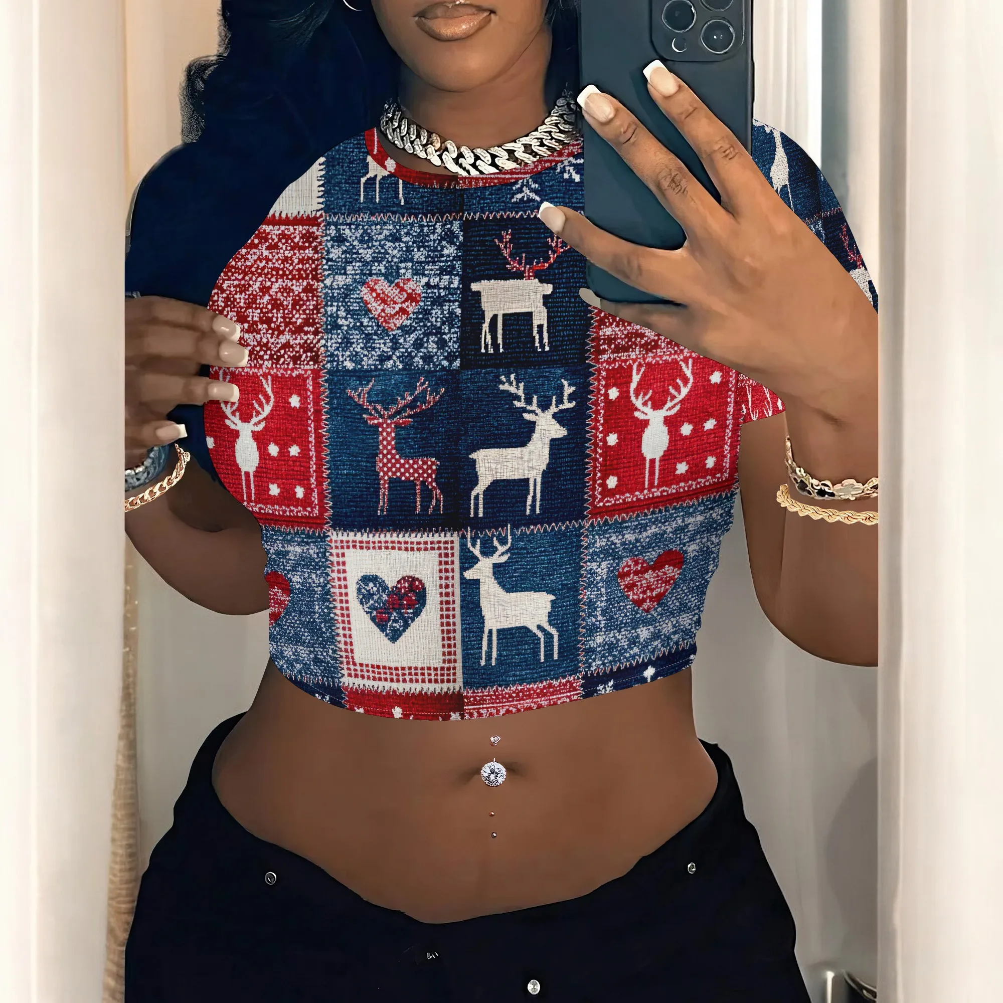 Women's Y2k Tight Mini T-shirts Collage Round Neck Short Sleeve Printed Pullover 2025 Summer Sexy Hot Girl Party T-shirts