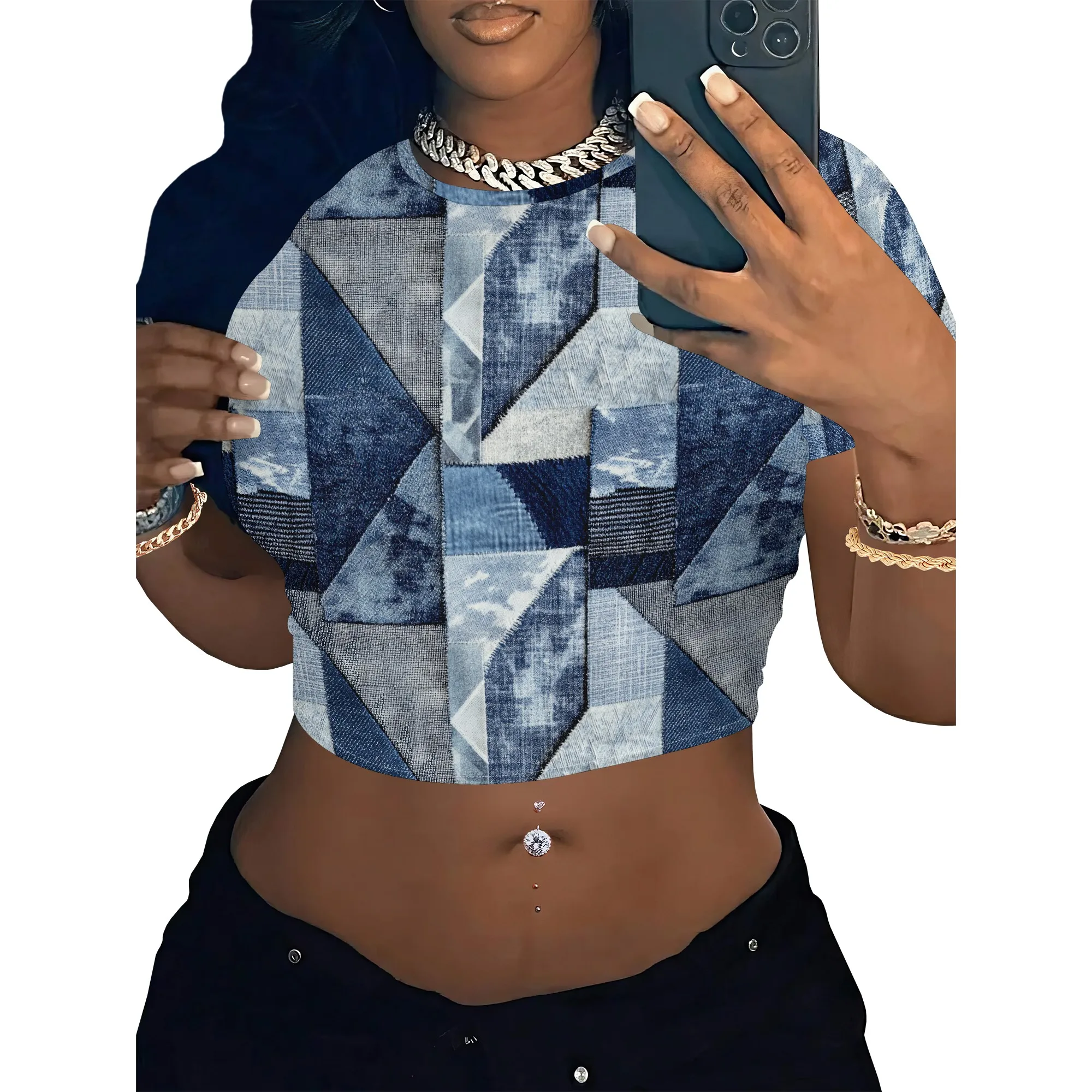 Women's Y2k Tight Mini T-shirts Collage Round Neck Short Sleeve Printed Pullover 2025 Summer Sexy Hot Girl Party T-shirts