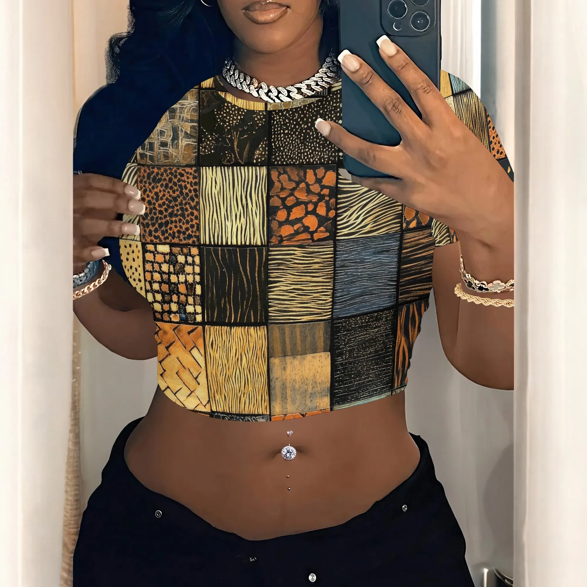 Women's Y2k Tight Mini T-shirts Collage Round Neck Short Sleeve Printed Pullover 2025 Summer Sexy Hot Girl Party T-shirts