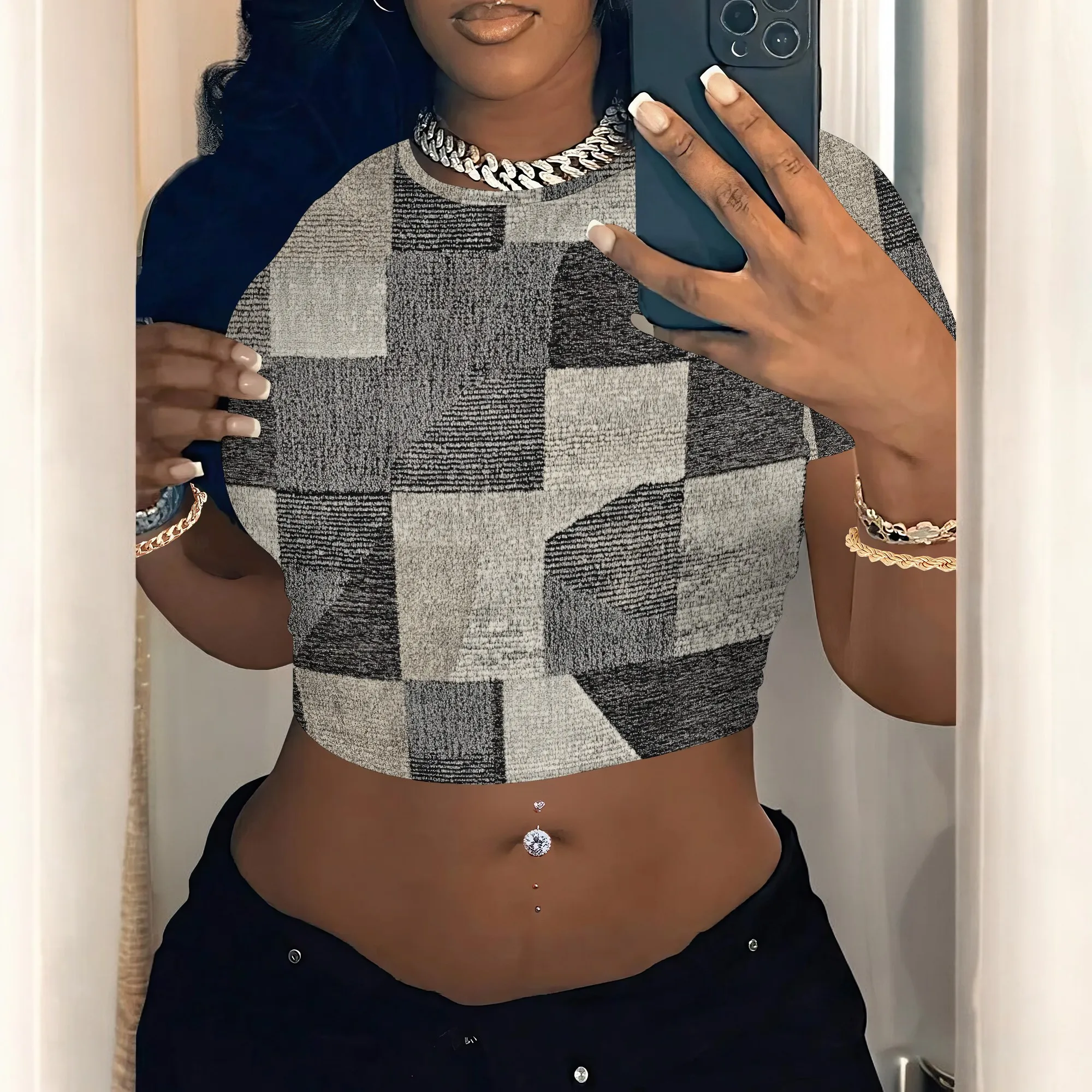 Women's Y2k Tight Mini T-shirts Collage Round Neck Short Sleeve Printed Pullover 2025 Summer Sexy Hot Girl Party T-shirts