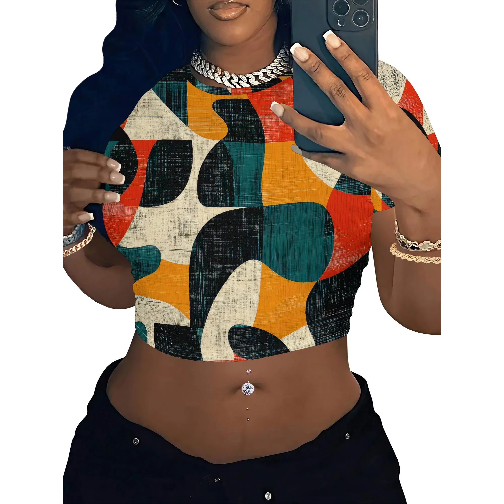 Women's Y2k Tight Mini T-shirts Collage Round Neck Short Sleeve Printed Pullover 2025 Summer Sexy Hot Girl Party T-shirts