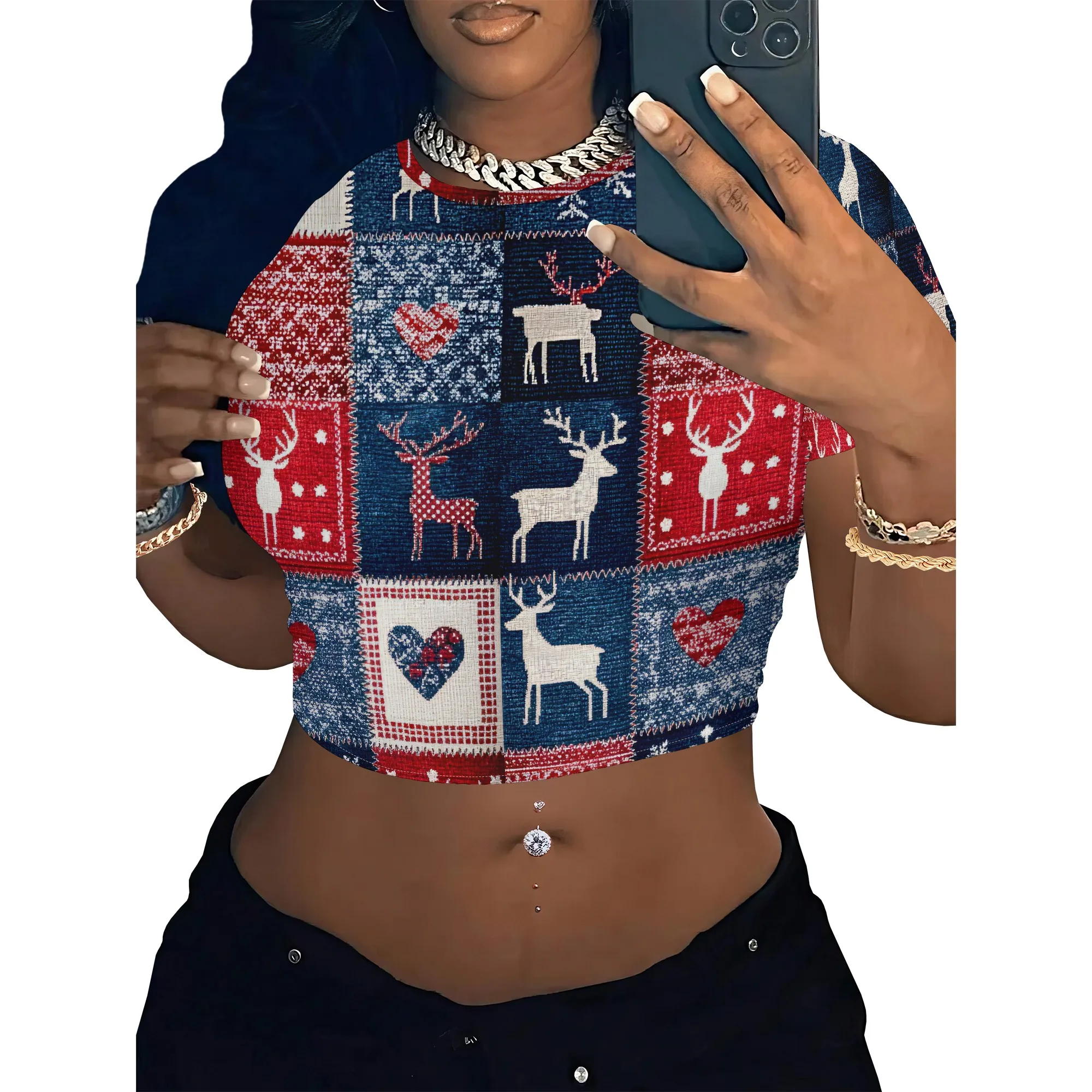 Women's Y2k Tight Mini T-shirts Collage Round Neck Short Sleeve Printed Pullover 2025 Summer Sexy Hot Girl Party T-shirts