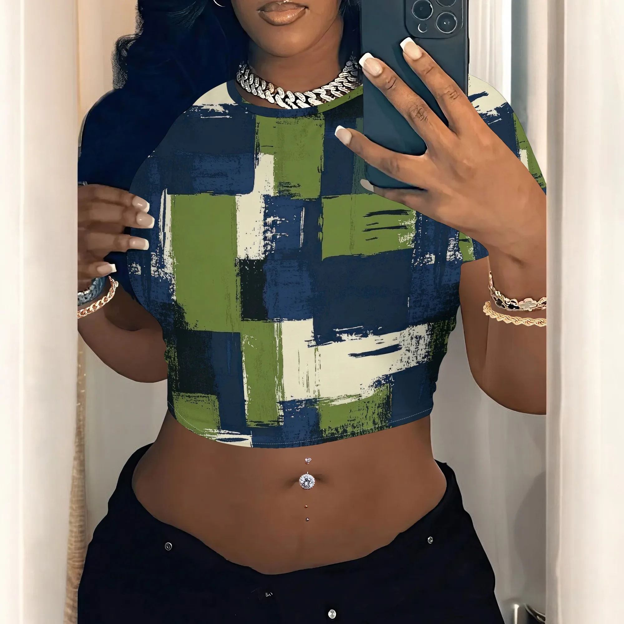 Women's Y2k Tight Mini T-shirts Collage Round Neck Short Sleeve Printed Pullover 2025 Summer Sexy Hot Girl Party T-shirts