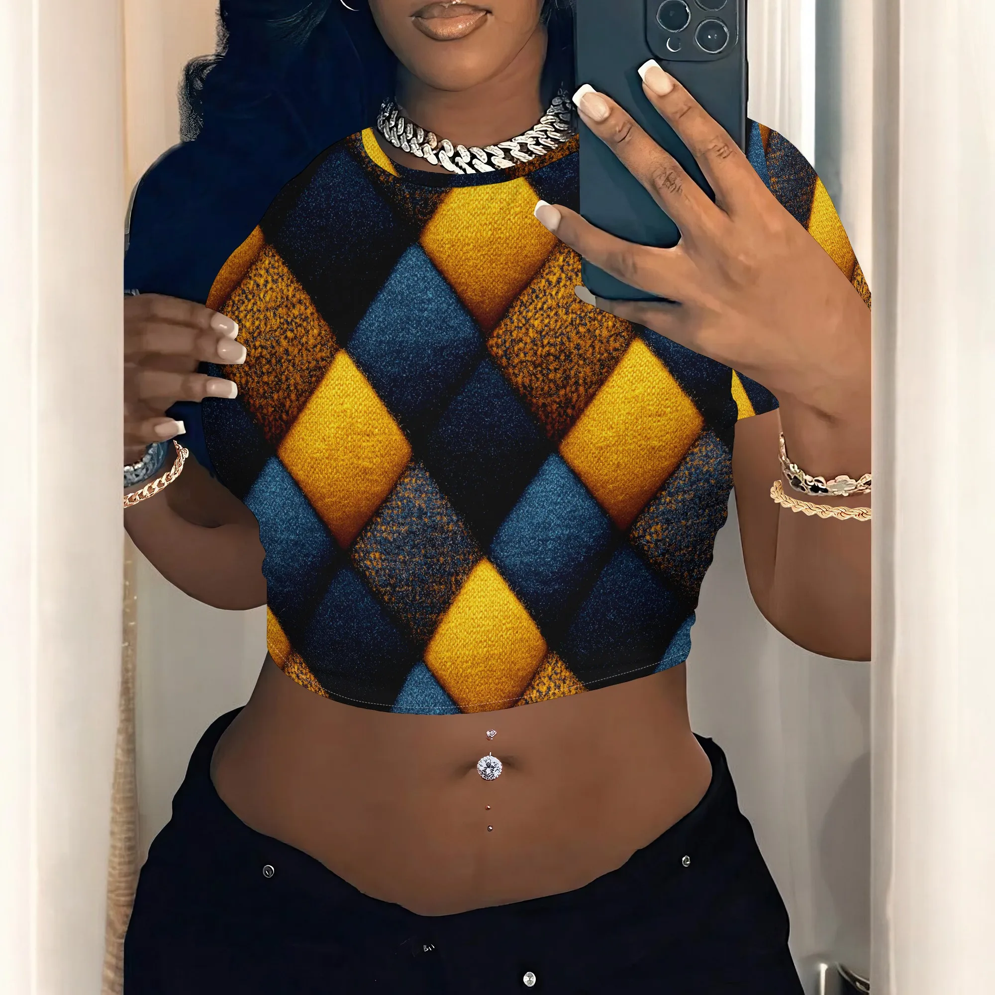 Women's Y2k Tight Mini T-shirts Collage Round Neck Short Sleeve Printed Pullover 2025 Summer Sexy Hot Girl Party T-shirts