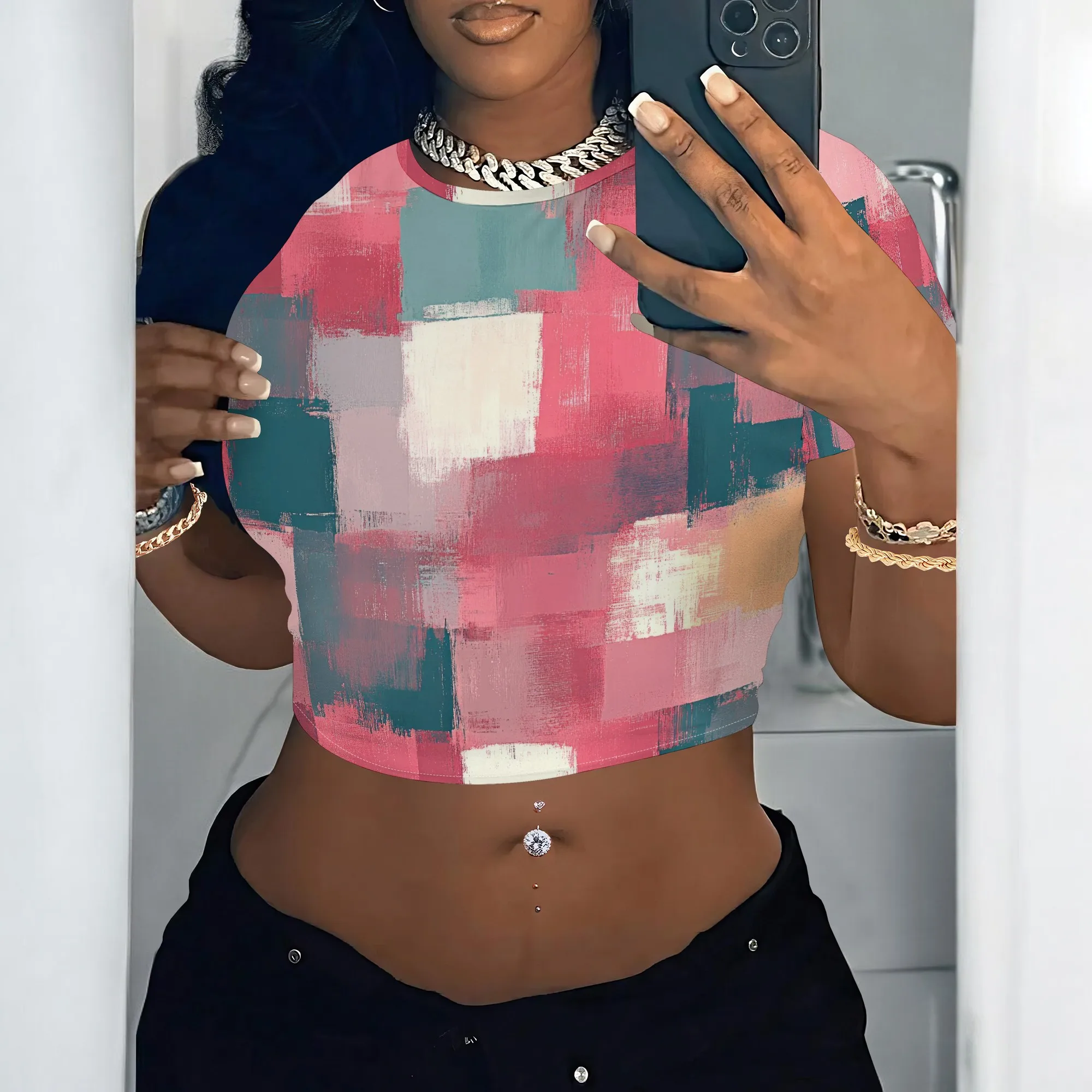 Women's Y2k Tight Mini T-shirts Collage Round Neck Short Sleeve Printed Pullover 2025 Summer Sexy Hot Girl Party T-shirts