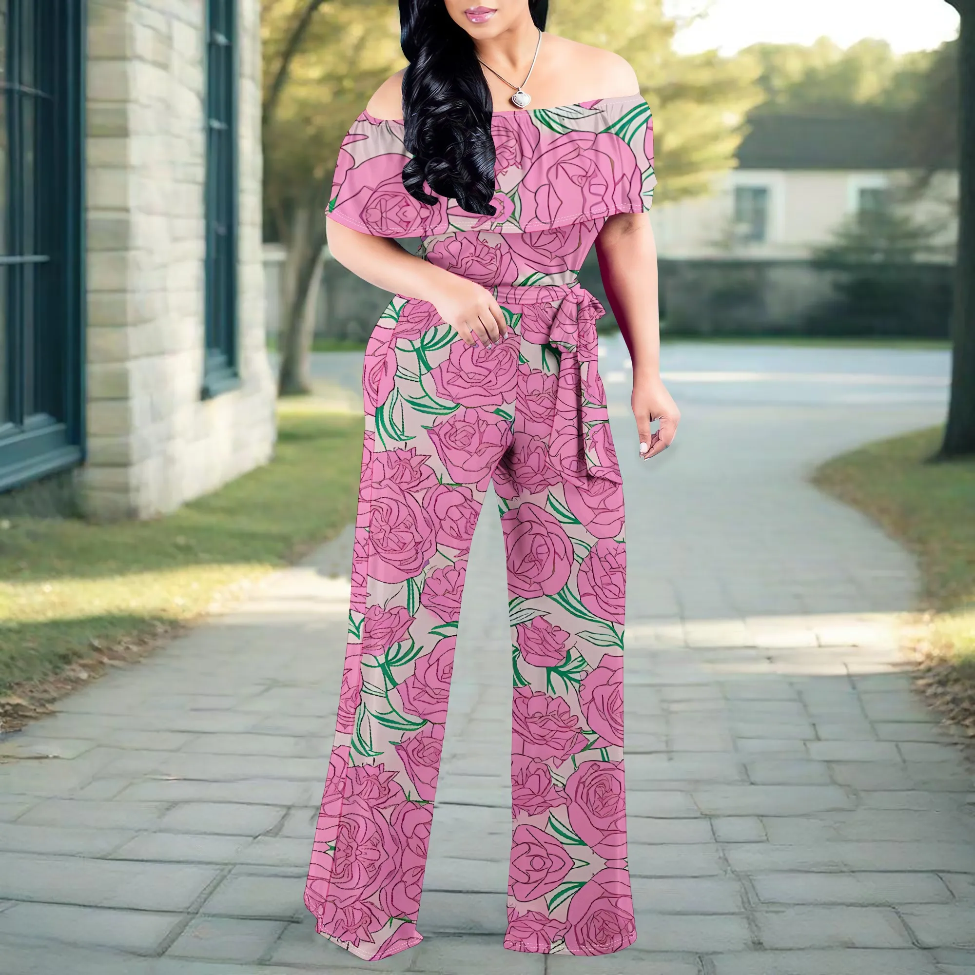 Elegant Off Shoulder Jumpsuit for Women Minimalist Geometric Dot and Triangle Print Wide Leg Casual Romper