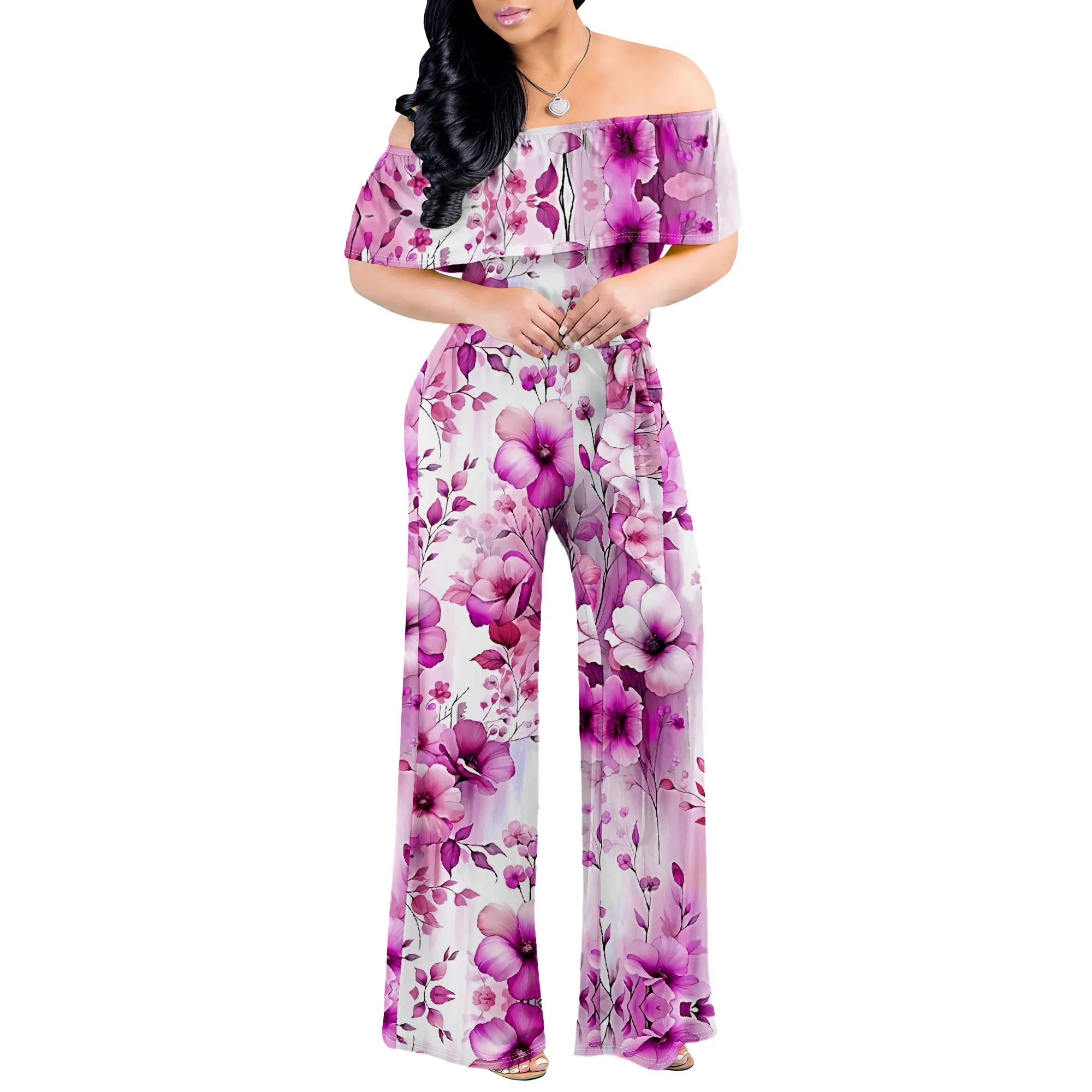 Elegant Off Shoulder Jumpsuit for Women Minimalist Geometric Dot and Triangle Print Wide Leg Casual Romper