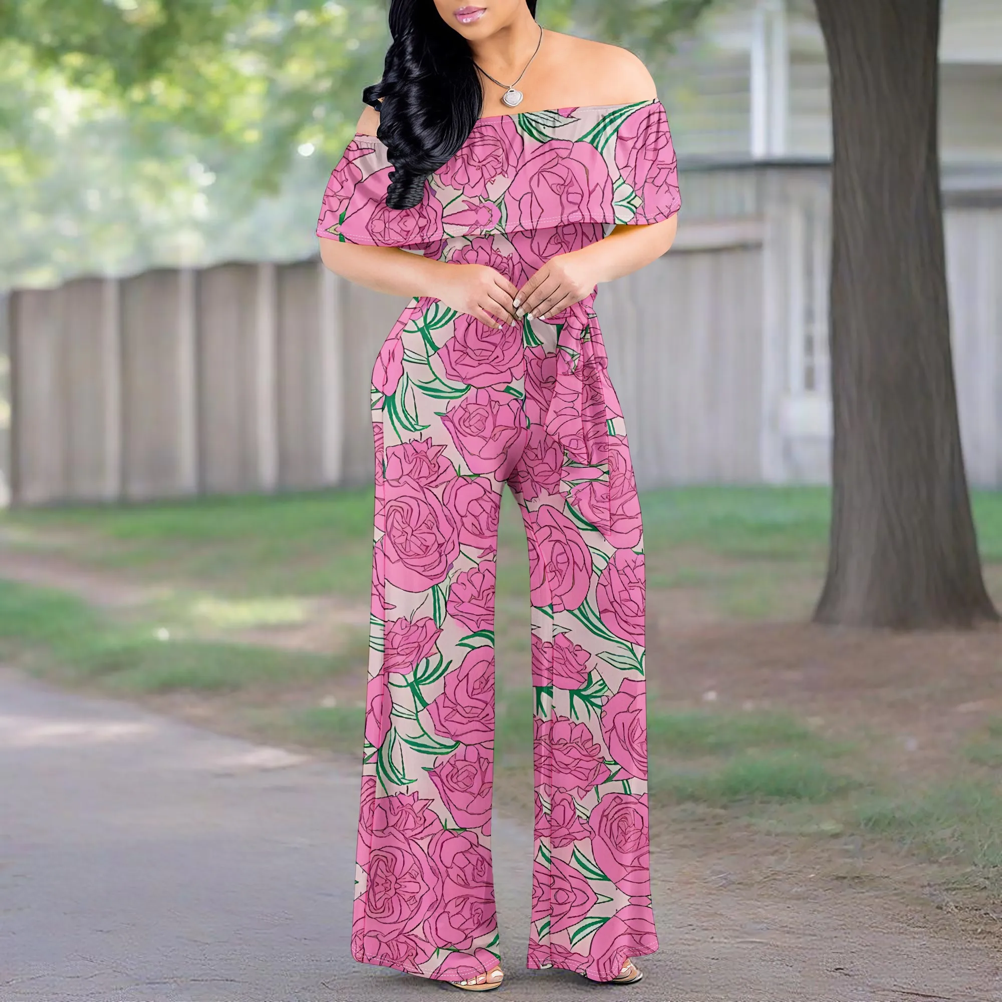 Elegant Off Shoulder Jumpsuit for Women Minimalist Geometric Dot and Triangle Print Wide Leg Casual Romper