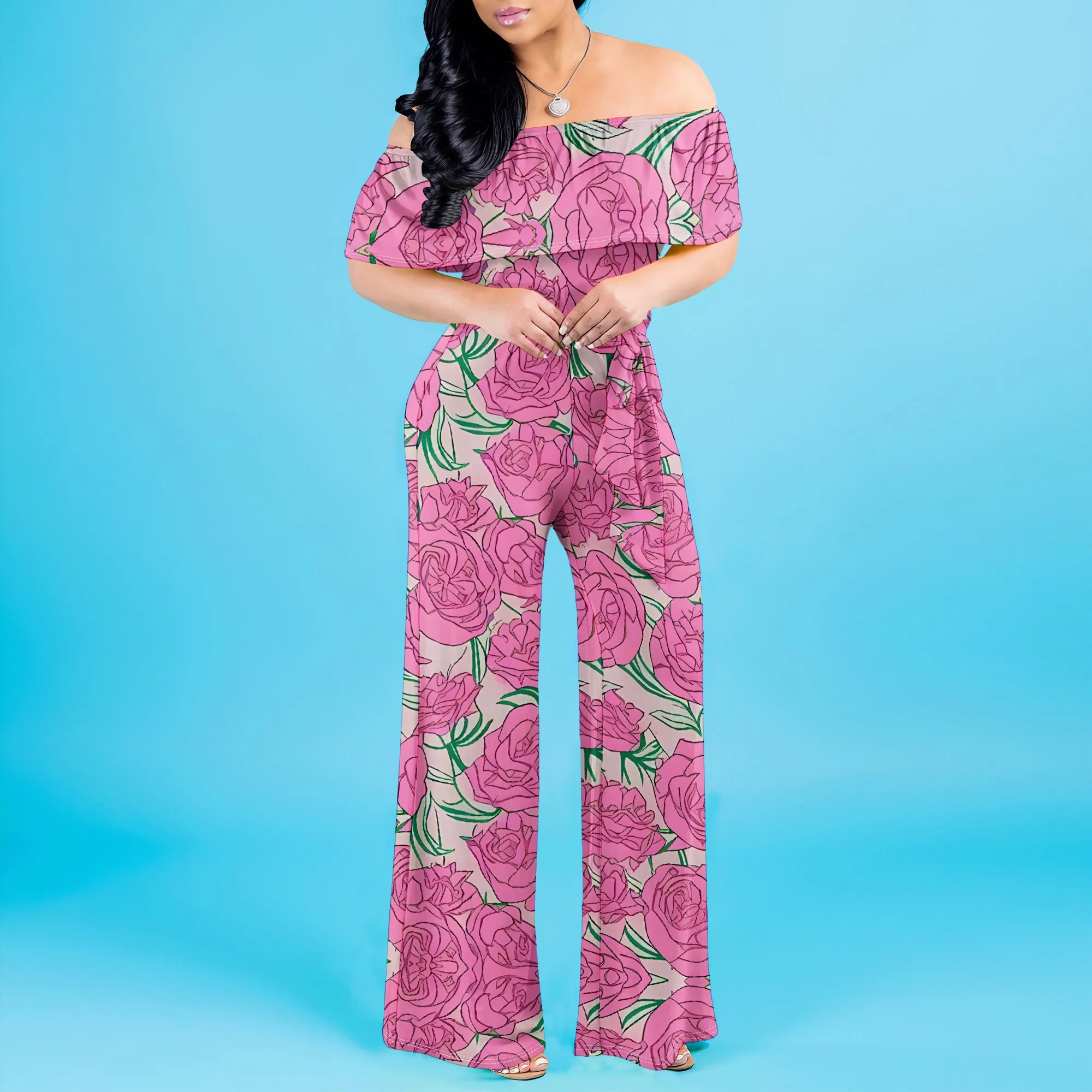 Elegant Off Shoulder Jumpsuit for Women Minimalist Geometric Dot and Triangle Print Wide Leg Casual Romper