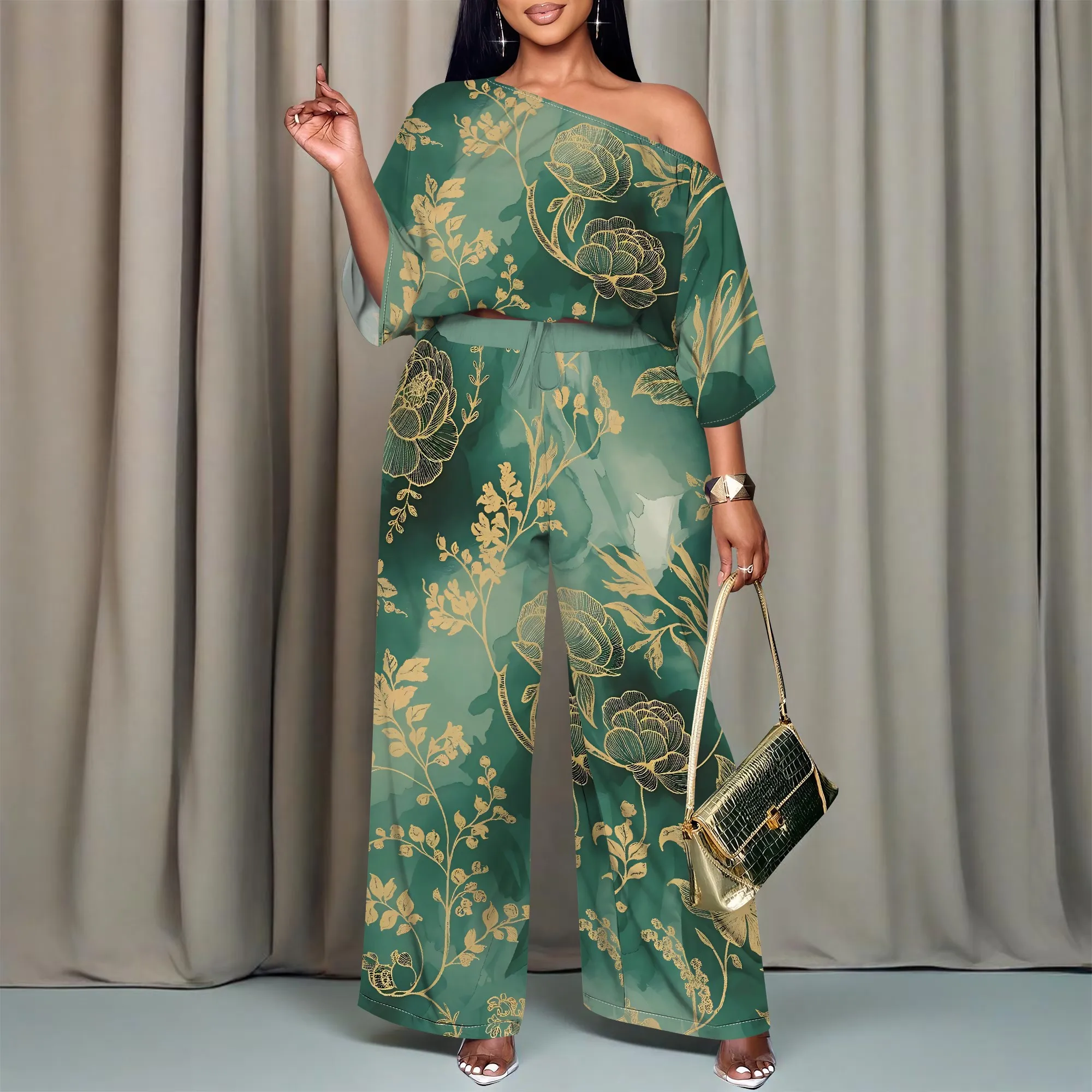 Women’s Green Off Shoulder Jumpsuit Elegant Gold Floral Printed Wide Leg Summer Outfit Women's Green Off Shoulder Jumpsuit Elegant Gold Floral Printed Wide Leg Summer Outfit
